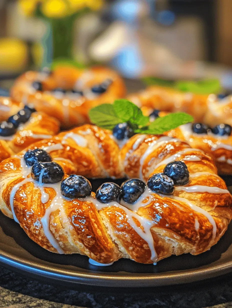 Puff pastry is a marvel of culinary engineering. Its unique texture is achieved by incorporating layers of butter between layers of dough, which create steam when baked. This steam causes the layers to puff up, resulting in a light and flaky pastry that is perfect for various sweet and savory dishes. The versatility of puff pastry makes it an ideal base for our Blueberry Pastry Rings, as it can hold up the filling while providing a delightful contrast to the creamy vanilla cream.