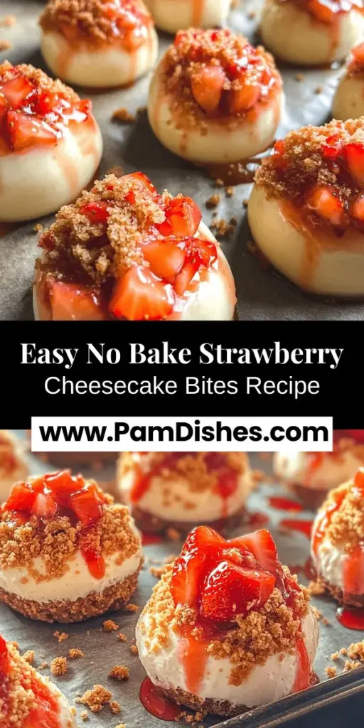 Discover the ultimate dessert with No Bake Strawberry Cheesecake Bites! These easy-to-make treats combine rich, creamy cheesecake with fresh strawberries for a deliciously satisfying experience. Perfect for summer gatherings or quick indulgence, they require no baking and minimal cleanup. Enjoy a sweet escape with this simple recipe that highlights the vibrant flavors of strawberries. Ideal for all occasions, impress your guests effortlessly! #NoBakeDesserts #StrawberryCheesecake #EasyRecipes #SummerTreats #DessertLovers