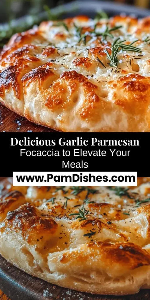 Discover the joy of baking with this homemade Garlic Parmesan Focaccia recipe! This delightful Italian bread is not only a feast for the senses with its aromatic garlic and savory cheese, but it’s also a versatile companion for meals and gatherings. Perfect for dipping or as a sandwich base, it embodies the spirit of la dolce vita. Elevate your baking skills and create a warm, inviting atmosphere in your kitchen. #Focaccia #HomemadeBread #BakingJoy #ItalianCuisine #GarlicParmesan #ComfortFood #BreadMaking