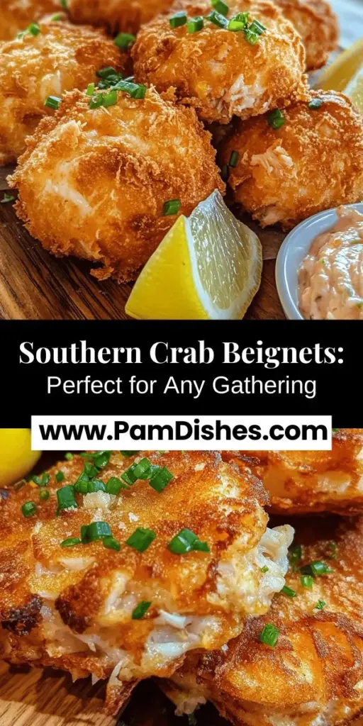 Indulge in the delicious flavors of the South with homemade Southern crab beignets! These golden-brown bites feature a crispy exterior and a savory crab-filled interior, perfect for any gathering. Simple to make with fresh lump crab meat, flour, and Old Bay seasoning, they capture the essence of Southern hospitality. Serve with a zesty remoulade for an unforgettable dish. Gather your loved ones and experience this culinary delight! #SouthernCooking #CrabBeignets #Foodie #ComfortFood #SeafoodLovers #CulinaryTraditions #HomemadeDeliciousness