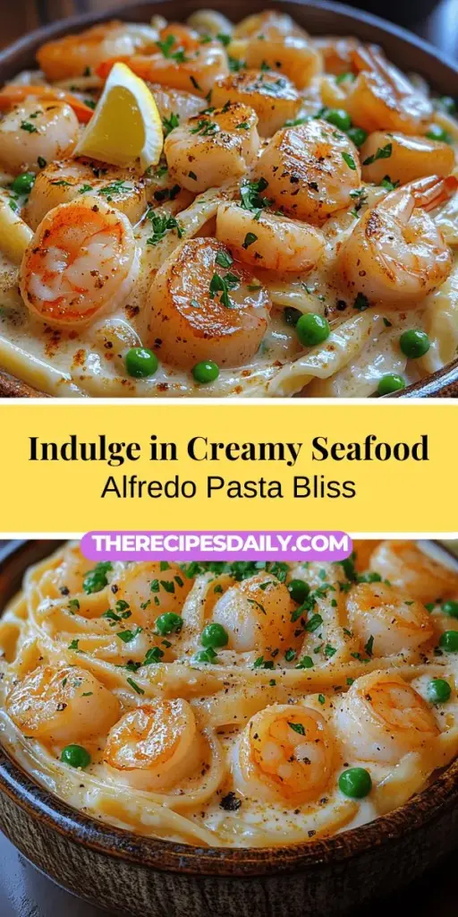 Indulge in the luxurious flavors of Creamy Ocean Delight Alfredo Pasta, a delightful blend of tender fettuccine, succulent shrimp, and golden scallops, all enveloped in a rich and creamy Alfredo sauce. This dish is not only a culinary masterpiece but also quick and easy to prepare, making it perfect for any occasion. Elevate your dinner experience by adding vibrant peas and a sprinkle of Parmesan cheese, ensuring each bite is a taste of the ocean's bounty.