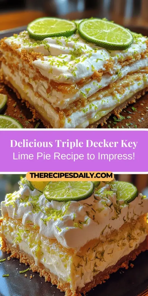 Discover the exquisite flavors of Triple Decker Key Lime Pie with this easy-to-follow recipe. This stunning dessert elevates the classic key lime pie to new heights with three delightful layers: a crunchy graham cracker crust, a tangy and creamy key lime filling, and a rich cream cheese layer topped with fluffy whipped cream. Perfect for summer gatherings or special celebrations, this pie is sure to impress your guests and satisfy your cravings for tropical bliss! Enjoy every delicious bite and bring a slice of the Florida Keys to your table.