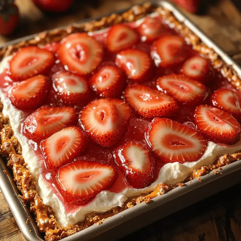 If you're searching for a dessert that captures the perfect fusion of sweet and salty flavors while also being a showstopper at any gathering, look no further than Strawberry Dream Pretzel Delight. This delightful treat features a crunchy pretzel crust, a creamy layer of rich cream cheese, and a vibrant strawberry topping that is as visually appealing as it is delicious. Each bite offers a balanced combination of textures and tastes, making it an irresistible choice for parties, potlucks, or family dinners.