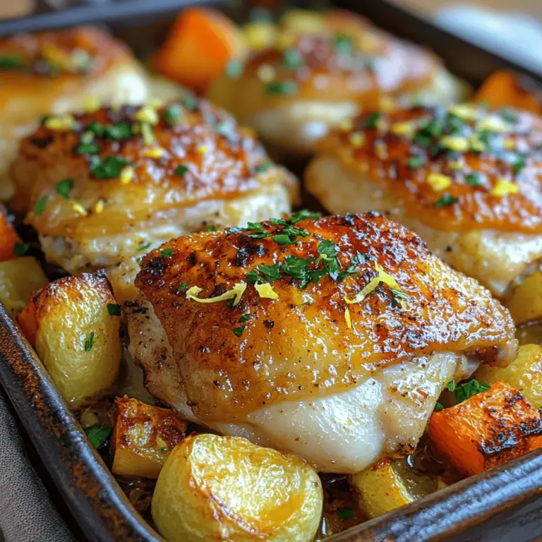 If you’re looking for a dish that is not only simple to prepare but also packed with flavor, look no further than Zesty Lemon Garlic Roasted Chicken Thighs. This delightful recipe combines the bright acidity of fresh lemons with the rich, savory goodness of garlic, creating a mouthwatering dish that is both aromatic and satisfying. The zesty notes of lemon elevate the overall flavor profile, making each bite a tantalizing experience.