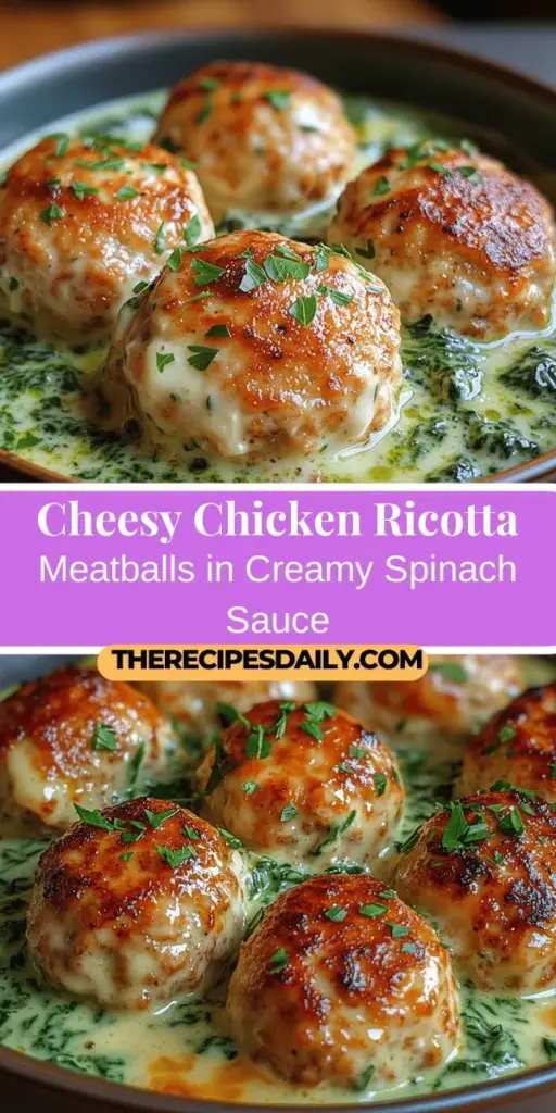 Experience the ultimate comfort food with cheesy chicken ricotta meatballs in creamy spinach Alfredo sauce. This delightful recipe combines lean ground chicken with rich ricotta and Parmesan, creating moist, flavorful meatballs that are sure to impress. Paired with a luscious spinach Alfredo, it's an indulgent yet nutritious dish perfect for weeknight dinners or special occasions. Easy to make and versatile, you'll love serving these meatballs over pasta, in subs, or on their own!