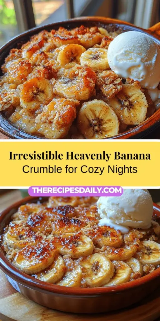 Discover the joy of homemade desserts with this Heavenly Banana Crumble recipe! This comforting delight combines the sweet, creamy goodness of ripe bananas with a crunchy, buttery topping, creating a perfect balance of flavors and textures. Easy to prepare, it's ideal for cozy family gatherings or a simple weeknight treat. Elevate your experience with optional toppings like vanilla ice cream or caramel sauce, and enjoy a dessert that brings warmth and nostalgia to every bite.