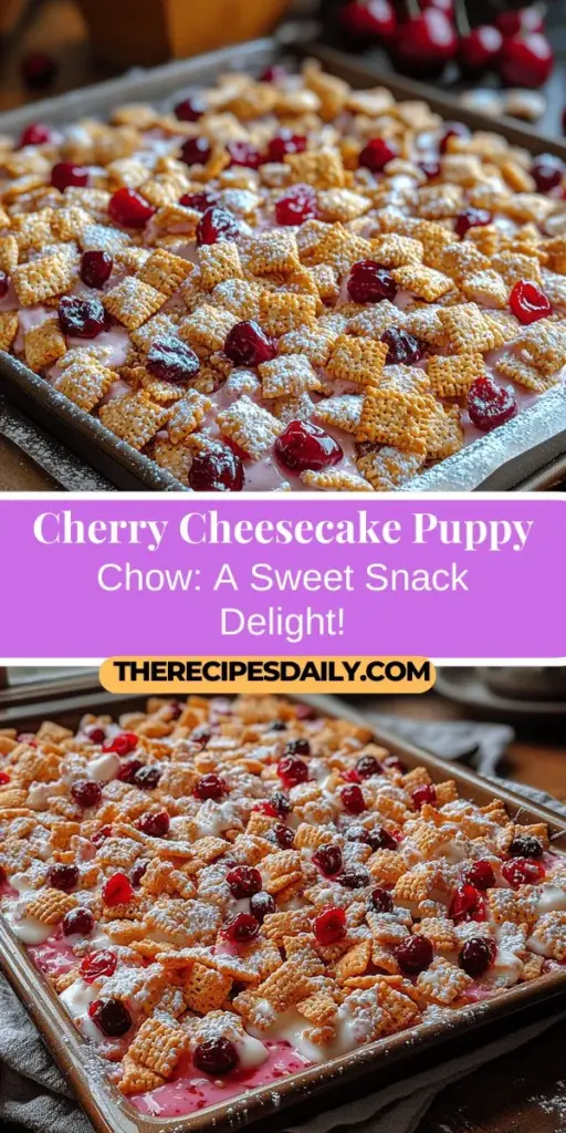 Looking for a delicious dessert that combines the nostalgic flavors of cherry and cheesecake? Try this Cherry Cheesecake Puppy Chow! This fun twist on the classic snack features crunchy Chex cereal coated in creamy white chocolate and tart cherry pie filling, all dusted with graham cracker crumbs. Perfect for family gatherings, movie nights, or simply satisfying a sweet craving, this delightful treat is sure to impress with its vibrant colors and irresistible taste. Enjoy making memories with every bite!