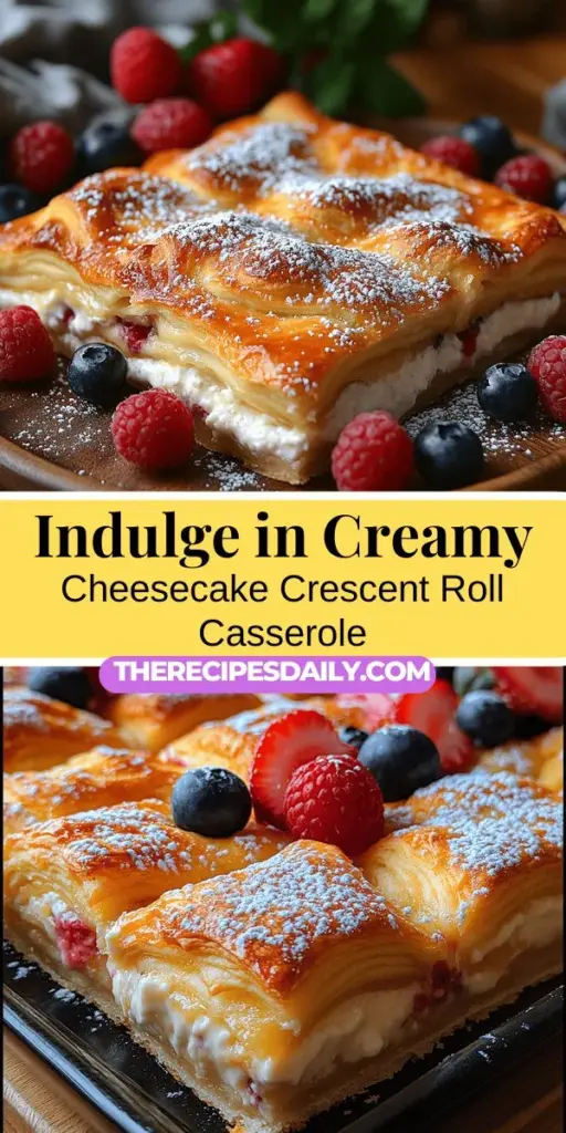 Discover a delightful twist on a classic dessert with Creamy Cheesecake Crescent Rolls Casserole. This easy-to-make dish combines flaky crescent rolls with a rich, creamy cheesecake filling, perfect for brunch or as a sweet treat after dinner. Loaded with simple ingredients like cream cheese, eggs, and vanilla, this casserole is adaptable for any occasion. Impress your guests and treat yourself to a slice of comfort that’s sure to please everyone.