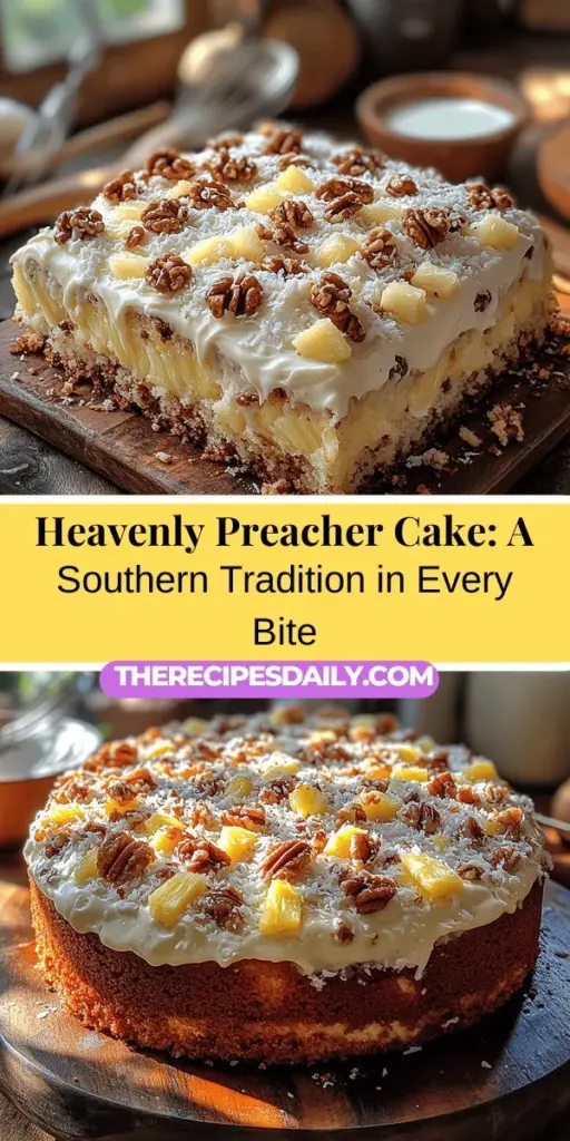 Discover the magic of Heavenly Preacher Cake, a cherished Southern dessert that brings warmth and community to any gathering. This moist and flavorful cake features crushed pineapple, shredded coconut, and a hint of nuts for delightful texture. Perfect for potlucks and celebrations, each slice is a nostalgic treat that evokes loving memories. With its creamy frosting and rich flavors, this cake is sure to impress family and friends. Try this comforting recipe and create lasting memories around the table.