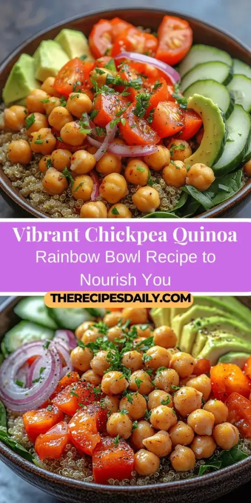 Discover the Chickpea Quinoa Rainbow Bowl, a colorful and nutritious meal that's both visually stunning and packed with flavor. Perfect for any dietary preference, this bowl combines protein-rich chickpeas, wholesome quinoa, and vibrant veggies like cherry tomatoes, bell peppers, and avocados. Easy to prepare and customizable, this dish allows you to explore different toppings and flavors, making it a delightful staple for your meal rotation. Enjoy a delicious, healthful experience that nourishes and satisfies!