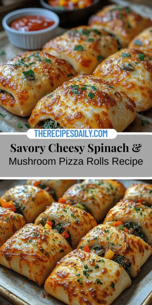Indulge in the delightful flavors of Cheesy Spinach & Mushroom Pizza Rolls, the perfect combination of comfort food and nutritious ingredients! These easy-to-make snacks are a hit for any occasion, whether it’s a party, a cozy movie night, or a quick weeknight treat. Packed with fresh spinach and earthy mushrooms, and wrapped in a golden crust, they’re a healthier twist on classic pizza. Enjoy them with your favorite dipping sauce for an irresistible snack that everyone will love!