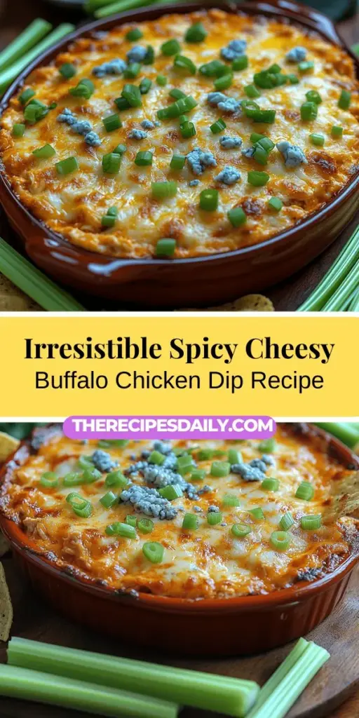 Get ready for game day with this irresistible Spicy Cheesy Buffalo Chicken Dip! This creamy, cheesy, and spicy dip is perfect for any gathering. Made with shredded chicken, cream cheese, cheddar, and hot sauce, it's a crowd-pleaser that pairs beautifully with tortilla chips, celery sticks, or even in sandwich spreads. Easy to make and absolutely tasty, this dip will leave your guests asking for the recipe. Elevate your entertaining now!