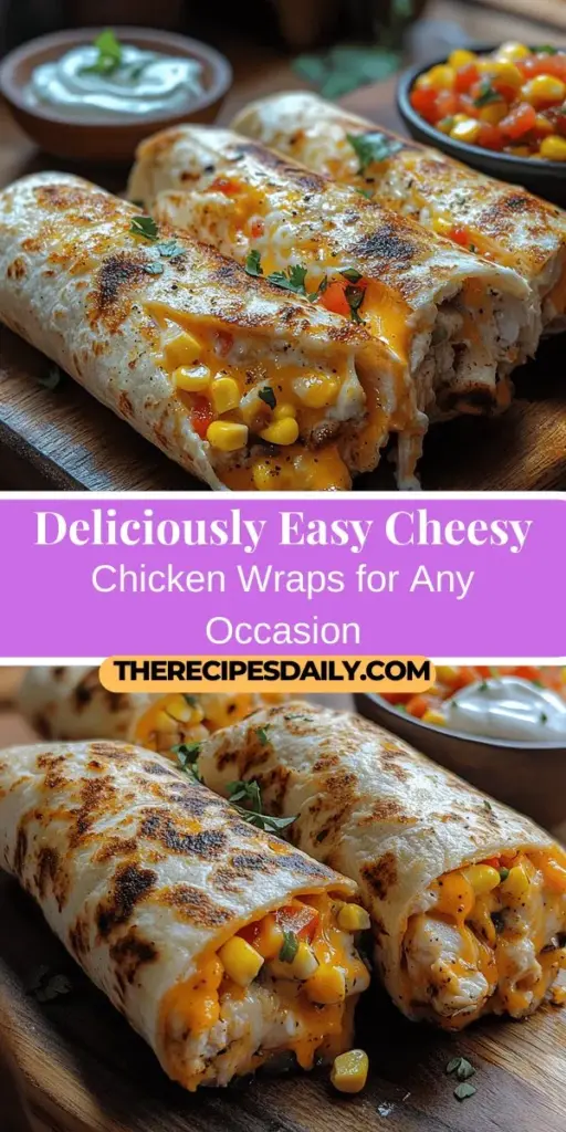 Discover the joy of making Cheesy Chicken Wraps, a versatile and delicious meal perfect for any occasion! These easy-to-prepare wraps feature tender shredded chicken, gooey cheese, and fresh vegetables all wrapped in a warm tortilla. Customize your filling with your favorite ingredients to suit your taste, whether it's spicy jalapeños or vibrant bell peppers. Ideal for busy weeknights or casual gatherings, these wraps can be enjoyed as a satisfying lunch or dinner. With a balance of protein, veggies, and cheesy goodness, they're sure to impress family and friends alike. Dive into the world of Cheesy Chicken Wraps and make mealtime exciting!