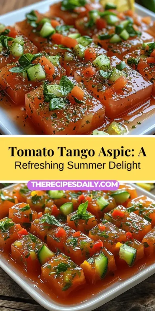 Discover the vibrant and refreshing Tomato Tango Aspic, a perfect summer dish that will impress your guests at picnics and dinner parties. This beautiful gelatin dish combines ripe tomatoes, fresh herbs, and vegetable broth, creating a flavorful treat that's rich in vitamins and low in calories. With simple steps to prepare, this aspic not only offers a delightful taste but also celebrates the essence of seasonal produce, making it an ideal addition to your summer menu. Explore the art of aspic and elevate your culinary skills with this delightful recipe.
