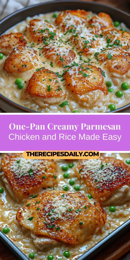 Discover the ultimate comfort food with One-Pan Creamy Parmesan Chicken and Rice. This delicious recipe combines juicy chicken thighs, creamy Arborio rice, flavorful herbs, and sweet peas, all cooked in one pan for easy cleanup and delightful taste. Perfect for busy weeknights, it delivers a gourmet experience with minimal effort. Dive into this satisfying meal that balances rich flavors, creamy textures, and a nutritious profile to please everyone at the table. Enjoy the simplicity of cooking while creating a memorable family dinner!