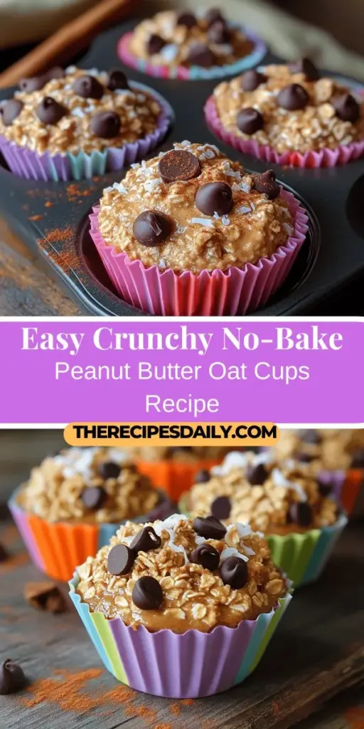Discover the perfect solution for busy snacking with these Crunchy No-Bake Peanut Butter Oat Cups! This quick and nutritious recipe blends rolled oats, creamy peanut butter, and natural sweeteners for a tasty treat any time of day. With optional chocolate chips and coconut for added flavor, these cups are simple to make and customizable to your liking. They're ideal as a breakfast boost, a midday snack, or a sweet dessert. Enjoy a satisfying and wholesome bite that fits your lifestyle!