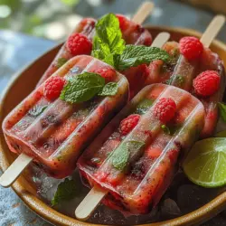 The allure of Mojito Berry Pops lies in their refreshing flavor and the health benefits they bring. Each ingredient in this popsicle plays a crucial role in enhancing both taste and nutritional value. Fresh mint leaves bring a burst of coolness, while strawberries and raspberries offer a sweet, tangy flavor profile packed with vitamins. Lime juice adds a zesty acidity that perfectly balances the sweetness, creating a harmonious blend of flavors that dance on your palate.