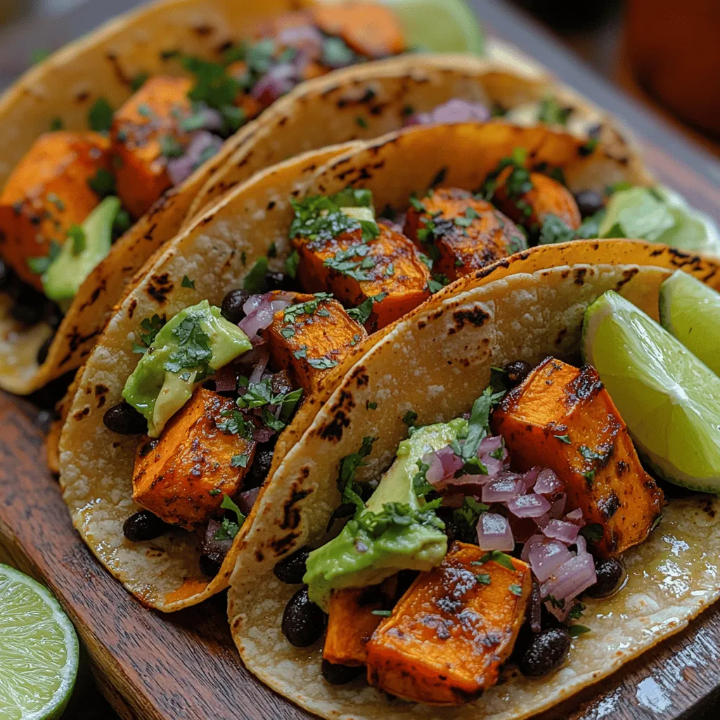 In recent years, there has been a significant shift toward plant-based meals, with more individuals and families opting for vegetarian and vegan diets. This trend is not only a response to the growing awareness of health and environmental issues but also a celebration of the diverse flavors and textures that plant-based ingredients offer. Among the myriad of options available, <strong>Sweet & Savory Sweet Potato Black Bean Tacos</strong> stand out as a delectable and nutritious choice that caters to a variety of dietary preferences.” /></p>
</p>
<h3>Detailed Preparation Guide</h3>
</p>
<h4>Preparing Sweet Potatoes: Tips for Peeling and Dicing</h4>
</p>
<p>To start off, select firm, unblemished sweet potatoes for the best flavor and texture. When peeling sweet potatoes, a vegetable peeler works best, ensuring you remove only the skin without losing too much of the flesh. If you prefer, you can also roast them with the skin on for added nutrients; just be sure to wash them thoroughly.</p>
</p>
<p>Once peeled, cut the sweet potatoes into uniform cubes, approximately 1-inch in size. This size ensures even cooking and caramelization during roasting. For a quicker cooking time, you can also slice them into thinner wedges or rounds, though this may change the texture slightly.</p>
</p>
<h4>Roasting Techniques: How to Achieve the Perfect Caramelization</h4>
</p>
<p>Roasting sweet potatoes brings out their natural sweetness and adds depth to their flavor. Preheat your oven to 425°F (220°C) for optimal roasting temperature. Spread the diced sweet potatoes on a baking sheet lined with parchment paper. This will prevent sticking and make for easy cleanup.</p>
</p>
<p>To achieve maximum caramelization, make sure to space the sweet potatoes out on the baking sheet. Overcrowding can lead to steaming instead of roasting. Drizzle the sweet potatoes with olive oil and season with salt, pepper, and any desired spices—cumin and paprika work wonderfully for this recipe. Toss them gently to ensure they’re evenly coated.</p>
</p>
<p>Roast the sweet potatoes for about 25-30 minutes, flipping halfway through to promote even browning. They should be golden brown and tender when done, with the edges slightly crispy.</p>
</p>
<h4>Sautéing Vegetables: Timing and Temperature for Optimal Flavor Release</h4>
</p>
<p>While the sweet potatoes roast, it’s time to prepare the black bean filling and sauté any additional vegetables. Heat a tablespoon of olive oil in a skillet over medium heat. Add diced onions and cook for about 3-4 minutes until they become translucent. Next, add bell peppers and garlic; sauté these for another 3-5 minutes until the peppers are tender and the garlic is fragrant.</p>
</p>
<p>The key to maximizing flavor is to add vegetables in stages based on their cooking times. For instance, zucchini or corn should be added after the onions and peppers have softened, allowing each veggie to retain its texture while developing a robust flavor. Season the mixture with salt, pepper, and a pinch of chili powder for a subtle kick.</p>
</p>
<p>Once the vegetables are fully cooked, add the drained black beans to the skillet, stirring to combine. Allow the mixture to heat through for about 2-3 minutes. If desired, you can also add a splash of lime juice for brightness just before removing the skillet from the heat.</p>
</p>
<h4>Combining Ingredients: Ensuring a Balanced Taco Filling</h4>
</p>
<p>Now that your sweet potatoes and sautéed vegetables are ready, it’s time to combine them for the taco filling. In a large mixing bowl, combine the roasted sweet potatoes with the sautéed black beans and vegetables. This combination not only provides a delightful contrast of flavors but also creates a colorful filling.</p>
</p>
<p>Feel free to adjust seasonings to your taste at this stage. Adding fresh cilantro, lime zest, or a dash of hot sauce can elevate the flavor profile even more. Toss everything gently to ensure an even distribution of ingredients without mashing the sweet potatoes.</p>
</p>
<h4>Assembling Tacos: Presentation Tips for a Visually Appealing Dish</h4>
</p>
<p>To assemble your tacos, start with a warm corn or flour tortilla. Lay a generous scoop of the sweet potato and black bean mixture in the center. Top with fresh toppings such as diced avocado, crumbled feta or cotija cheese, and fresh cilantro. A drizzle of creamy avocado lime sauce or salsa can add an extra layer of flavor.</p>
</p>
<p>For visually appealing tacos, consider stacking the toppings strategically—this not only makes for a beautiful presentation but also enhances the eating experience. Arrange the assembled tacos on a platter, and serve with lime wedges on the side for a fresh burst of flavor when squeezed over the tacos.</p>
</p>
<h3>Cooking Techniques and Tips</h3>
</p>
<h4>Overview of the Cooking Methods Used in the Recipe</h4>
</p>
<p>The Sweet & Savory Sweet Potato Black Bean Tacos utilize two primary cooking methods: roasting and sautéing. Roasting enhances the natural sweetness of the sweet potatoes, while sautéing the vegetables allows for a quick and flavorful preparation of the black bean filling.</p>
</p>
<h4>Roasting vs. Boiling: Benefits of Roasting Sweet Potatoes for Flavor</h4>
</p>
<p>Roasting sweet potatoes brings out their sweetness and adds a caramelized flavor that boiling simply cannot achieve. When roasted, the natural sugars in sweet potatoes caramelize at high temperatures, creating a rich, savory taste and a satisfying texture. Boiling can dilute the flavor and result in a mushy consistency, making roasting the clear choice for this recipe.</p>
</p>
<h4>Sautéing Vegetables: Achieving the Right Texture and Taste</h4>
</p>
<p>Sautéing vegetables over medium heat allows them to develop a depth of flavor through browning while retaining their texture. This method is ideal for creating a filling that is both hearty and satisfying. Use fresh ingredients and avoid overcrowding the pan to ensure even cooking.</p>
</p>
<h4>Suggested Variations to the Recipe for Different Flavor Profiles</h4>
</p>
<p>1. <strong>Adding Proteins</strong>: For a heartier taco, consider adding grilled chicken, shrimp, or tofu. Simply season the protein of your choice and cook it alongside the sautéed vegetables. This addition can enrich the dish and provide a different flavor profile.</p>
</p>
<p>2. <strong>Incorporating Different Vegetables</strong>: Feel free to experiment with various vegetables. Adding corn, zucchini, or roasted bell peppers can create a more vibrant filling. Each vegetable brings its unique flavor and texture that can enhance the overall dish.</p>
</p>
<p>3. <strong>Adjusting Spice Levels for Personal Preference</strong>: If you enjoy a bit of heat, consider incorporating jalapeños or a splash of hot sauce into the sautéed vegetables. Alternatively, for milder flavors, stick to sweet spices like cinnamon or nutmeg.</p>
</p>
<h3>Serving Suggestions and Pairings</h3>
</p>
<h4>Ideal Accompaniments for the Tacos</h4>
</p>
<p>To complement the Sweet & Savory Sweet Potato Black Bean Tacos, consider serving them with Mexican street corn (elote) or a simple mixed salad topped with a light vinaigrette. These sides not only enhance the meal but also add a refreshing contrast to the richness of the tacos.</p>
</p>
<h4>Suggested Side Dishes</h4>
</p>
<p>1. <strong>Mexican Street Corn</strong>: Grilled corn on the cob slathered in a mixture of mayonnaise, lime juice, cotija cheese, and chili powder creates a delightful pairing with the tacos.</p>
</p>
<p>2. <strong>Simple Salad</strong>: A light salad with mixed greens, cherry tomatoes, and a zesty lime dressing provides a refreshing counterpart to the savory tacos.</p>
</p>
<h4>Beverage Pairings</h4>
</p>
<p>Pair your tacos with refreshing beverages like flavored waters, horchata, or light beers. A crisp, cold drink will enhance the flavors of the meal and keep things refreshing and light.</p>
</p>
<h3>Ideas for Meal Prep and Storage</h3>
</p>
<h4>How to Store Leftover Taco Filling</h4>
</p>
<p>Store any leftover taco filling in an airtight container in the refrigerator for up to 3-4 days. This makes for an easy meal prep option, allowing you to enjoy the filling in salads, burritos, or even on its own as a nutritious snack.</p>
</p>
<h4>Reheating Suggestions to Maintain Flavor and Texture</h4>
</p>
<p>When reheating, use a skillet over medium heat to bring the filling back to life. This method helps retain the texture and flavor compared to microwaving, which can make the filling soggy. Stir occasionally until heated through, and feel free to add a splash of water or broth if it seems too dry.</p>
</p>
<h3>Conclusion</h3>
</p>
<p>The Sweet & Savory Sweet Potato Black Bean Tacos showcase the versatility and health benefits of plant-based meals. Packed with nutrients, these tacos offer a satisfying option for family dinners or gatherings. The combination of sweet potatoes and black beans not only provides a delightful array of flavors but also a wealth of health benefits, making them an excellent addition to your regular meal rotation.</p>
</p>
<p>Embrace the opportunity to try this recipe, and consider incorporating more plant-based dishes into your meals. Not only will you enjoy delicious flavors, but you’ll also be contributing to your overall health and wellness. These tacos are not only a feast for the palate but also a celebration of wholesome ingredients that nourish the body and the soul.</p>
</div>