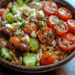 The Feta and Tomato Orzo Salad is a vibrant dish that brings together the best of summer's bounty with its fresh ingredients and Mediterranean flair. This salad is not just a feast for the eyes but also a delightful combination of flavors that dance on your palate. Whether you’re looking for a light lunch, a side dish for your next barbecue, or a refreshing meal to enjoy on warm evenings, this salad fits the bill perfectly.