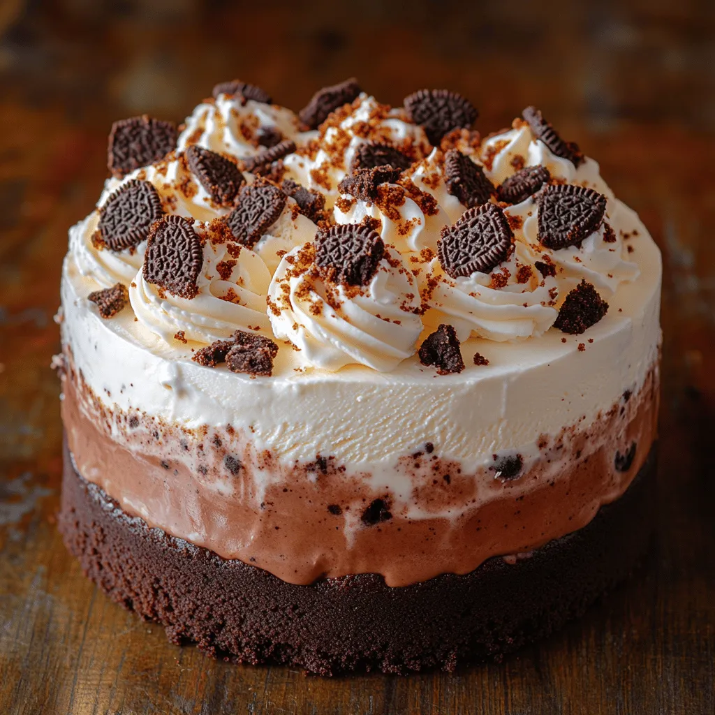 Imagine slicing through a decadent layer of chocolate cake, revealing a smooth, velvety layer of cookies and cream ice cream, all topped off with a generous dollop of whipped cream. This ice cream cake is not just a treat for the taste buds; it's a feast for the eyes. The chocolate cake provides a rich, deep flavor that pairs perfectly with the sweet, cookie-studded ice cream. The contrasting textures of the soft cake, creamy ice cream, and airy whipped topping create a delightful experience in every bite.