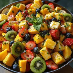 Fruit salads are a delightful and colorful way to enjoy the natural sweetness and health benefits of fresh fruits. They are not only visually appealing but also packed with essential nutrients that contribute to a balanced diet. The versatility of fruit salads allows them to be served at any occasion, whether as a light breakfast, a refreshing snack, a side dish at a summer barbecue, or a vibrant dessert at a festive gathering.