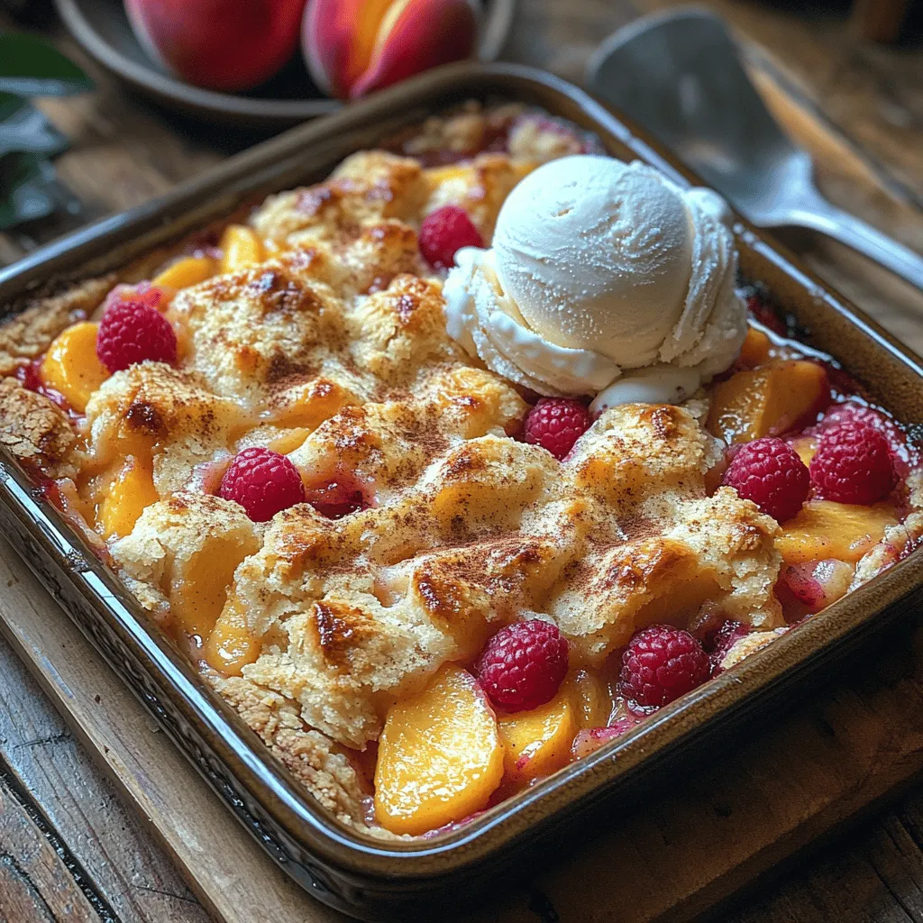 When it comes to dessert choices that evoke comfort and joy, few can rival the charm of a cobbler. This classic dessert, with its warm, fruit-filled center and crumbly topping, has been a staple in many households for generations. Its versatility allows for a variety of fruits to be used, making it a perfect option for any season. Today, we’re excited to introduce you to the <strong>Peachy Raspberry Delight Cobbler</strong>, a delightful combination of sweet peaches and tart raspberries that perfectly encapsulates the essence of summer.” /></p>
</p>
<h3>Preparing the Oven and Baking Dish</h3>
</p>
<p>Before diving into the Peachy Raspberry Delight Cobbler, it’s crucial to prepare your oven and baking dish effectively. Preheating your oven to 350°F (175°C) is essential as it ensures even baking and the perfect rise of your cobbler. Begin by positioning an oven rack in the center of the oven, allowing for optimal heat distribution.</p>
</p>
<p>Next, choose a baking dish that complements the quantity of your cobbler mixture. A 9×13-inch dish works beautifully for this recipe. Greasing the dish with butter or non-stick cooking spray prevents the cobbler from sticking, allowing for an easy release once baked. This step not only aids in presentation but also enhances the texture of the cobbler’s edges, giving them that perfect golden-brown finish.</p>
</p>
<h3>Crafting the Fruit Filling</h3>
</p>
<p>The fruit filling is the heart of the Peachy Raspberry Delight Cobbler, and crafting it correctly enhances the overall flavor profile. Begin by washing your peaches and raspberries thoroughly. For the peaches, peel them if desired, then slice them into thin wedges. Combining fresh, juicy peaches with tart raspberries creates a delightful contrast in flavors.</p>
</p>
<p>In a large mixing bowl, gently combine the sliced peaches and raspberries with sugar, lemon juice, and a touch of cornstarch. The sugar helps to draw out the natural juices of the fruit, while the lemon juice brightens the flavors. Cornstarch acts as a thickening agent, ensuring the filling is not overly runny when baked. Allow the mixture to sit for about 10 to 15 minutes, giving the flavors time to meld together and create a syrupy filling.</p>
</p>
<h3>Arranging the Fruit</h3>
</p>
<p>Once your fruit filling is ready, it’s time to arrange the fruit in the prepared baking dish. Start by pouring the mixture into the greased dish, distributing it evenly. For an appealing presentation, try to spread the peaches and raspberries in a single layer, ensuring every scoop of cobbler has a bit of each fruit. This not only looks inviting but also guarantees that every bite is packed with flavor.</p>
</p>
<h3>Making the Batter</h3>
</p>
<p>With the fruit filling arranged, shift your focus to the batter. In a medium mixing bowl, combine flour, sugar, baking powder, and a pinch of salt. Whisk these dry ingredients together until well blended. In a separate bowl, mix your wet ingredients: milk, melted butter, and vanilla extract. Pour the wet ingredients into the dry mixture, stirring gently until just combined. Avoid overmixing, as this can lead to a dense batter. Aim for a smooth, pourable consistency that will perfectly cover your fruit filling.</p>
</p>
<h3>Pouring and Spreading the Batter Over the Fruit</h3>
</p>
<p>Now comes the moment of magic—pouring the batter over the fruit. Begin by carefully dolloping the batter in the center of the fruit filling. Using a spatula or the back of a spoon, gently spread the batter outward, ensuring it covers the fruit evenly. This step is crucial as it allows the batter to bake into a beautiful, golden crust while keeping the fruit visible and vibrant underneath.</p>
</p>
<h3>Baking Process</h3>
</p>
<p>Place the cobbler in your preheated oven and bake for approximately 35 to 40 minutes. The exact time may vary depending on your oven, so it’s essential to keep an eye on it. Look for a golden-brown top and bubbling fruit juices around the edges as indicators of doneness. A toothpick inserted into the center of the batter should come out clean or with just a few moist crumbs. If you notice the top browning too quickly, consider covering it loosely with aluminum foil during the last few minutes of baking.</p>
</p>
<h3>Cooling Period</h3>
</p>
<p>Once the cobbler is baked to perfection, remove it from the oven and let it cool for about 15 to 20 minutes before serving. This cooling period allows the juices to settle and the cobbler to firm up slightly, making it easier to scoop and serve. The tantalizing aroma of baked fruit and sweet batter will fill your kitchen, creating a warm and inviting atmosphere.</p>
</p>
<h3>Serving Suggestions</h3>
</p>
<p>When it comes to serving your Peachy Raspberry Delight Cobbler, presentation is key. Scoop generous portions into bowls, and consider topping each serving with a dollop of freshly whipped cream or a scoop of vanilla ice cream. The cold, creamy elements beautifully contrast the warm cobbler, elevating the dessert experience.</p>
</p>
<p>For beverage pairings, consider serving the cobbler with a light and refreshing iced tea or a sparkling lemonade. These drinks complement the sweetness of the cobbler while providing a refreshing counterpoint. If you’re feeling adventurous, a glass of chilled rosé wine can also enhance the flavors of the peaches and raspberries.</p>
</p>
<h3>Seasonal Variations</h3>
</p>
<p>One of the best aspects of cobblers is their versatility. Feel free to adapt this recipe to include other fruits based on the season. During summer, you might swap out the raspberries for blueberries or blackberries, or add a handful of strawberries for a mixed berry cobbler. In the fall, consider incorporating apples or pears, spiced with cinnamon for a cozy twist. The possibilities are endless, allowing you to experiment and tailor the cobbler to your taste preferences.</p>
</p>
<h3>Nutritional Information</h3>
</p>
<p>Each serving of Peachy Raspberry Delight Cobbler offers a delightful balance of flavors and nutrition. Typically, one serving (about 1/8 of the entire cobbler) contains approximately 250 calories, with a breakdown of 5g of protein, 10g of fat, and 38g of carbohydrates. The use of fresh fruit not only enhances the flavor but also contributes essential vitamins and minerals, making this dessert a healthier indulgence compared to many processed options.</p>
</p>
<p>For those looking to reduce calories, consider substituting some of the sugar with a natural sweetener or using a lower-fat milk alternative. Additionally, you can lighten the batter by using whole wheat flour instead of all-purpose flour, adding fiber and nutrients without compromising taste.</p>
</p>
<h3>Conclusion</h3>
</p>
<p>The Peachy Raspberry Delight Cobbler stands out as a delightful dessert choice for any occasion—be it a summer gathering, a cozy family dinner, or a simple weeknight treat. Its combination of juicy peaches and tart raspberries, topped with a buttery, golden crust, creates a comforting dish that is both easy to prepare and incredibly satisfying.</p>
</p>
<p>The joy of baking and sharing homemade treats cannot be understated. It fosters a sense of community and brings loved ones together around the table. We encourage you to experiment with different fruits and flavors, letting your creativity shine through in the kitchen. After all, cooking is as much about enjoyment and exploration as it is about nourishment. So gather your ingredients, preheat that oven, and embrace the deliciousness that is Peachy Raspberry Delight Cobbler!</p>
</div>