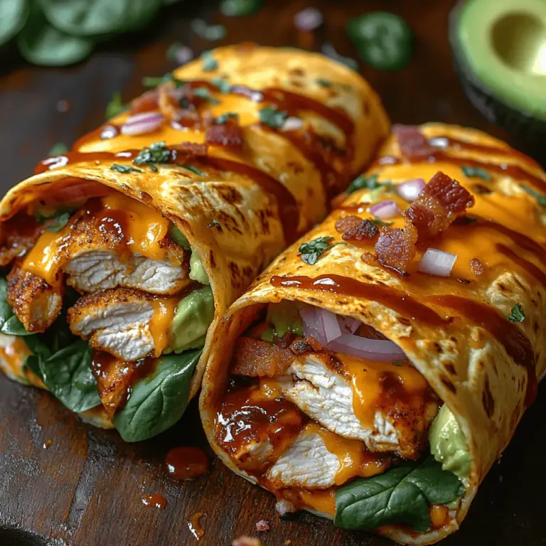 If you're searching for a meal that will impress your family and friends, look no further than Smoky BBQ Bacon Chicken Wraps. This delectable recipe offers a perfect blend of savory flavors and satisfying textures, making it an excellent choice for gatherings, casual dinners, or even meal prep for the week ahead. The star of the show is undoubtedly the smoky bacon, which adds a delightful crunch and rich flavor to the tender, juicy chicken. Coupled with creamy avocado and fresh spinach, this wrap hits all the right notes, ensuring it will be a crowd-pleaser every time.