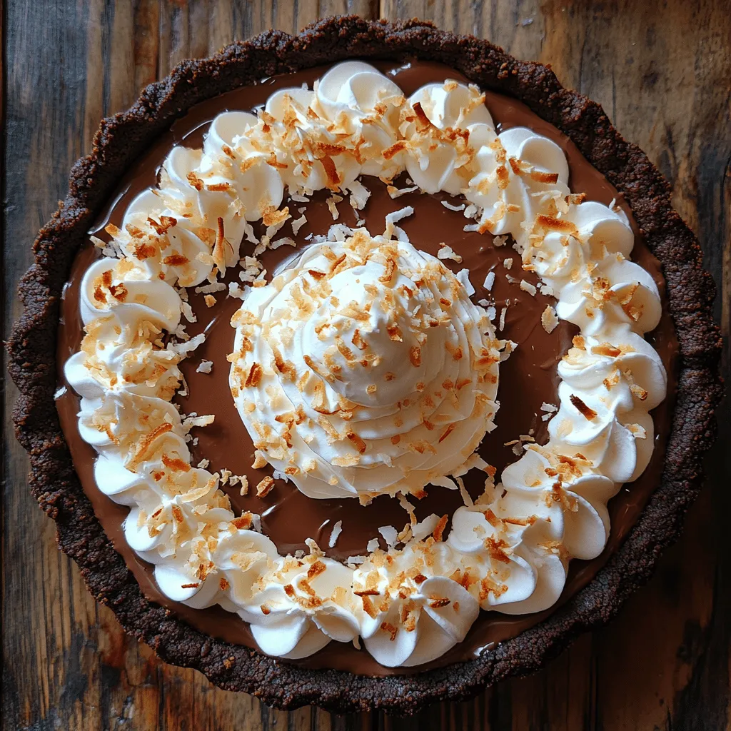 There’s something undeniably mesmerizing about the combination of chocolate and coconut. These two flavors, when paired together, create a rich and indulgent experience that captivates the senses. Chocolate’s deep, velvety sweetness beautifully complements coconut’s light, tropical notes, making it a favorite in desserts worldwide. Among the various confections that celebrate this delightful duo, the <strong>Heavenly Chocolate Coconut Cream Pie</strong> stands out as an exceptional treat, perfect for those who crave a slice of bliss.” /></p>
</p>
<h3>Cooling and Setting the Filling Properly</h3>
</p>
<p>To achieve the perfect texture for your Heavenly Chocolate Coconut Cream Pie, it is crucial to allow the filling to cool and set properly. After you have cooked the filling to the desired thickness, transfer it to a bowl and let it cool at room temperature for about 15-20 minutes. This initial cooling helps prevent condensation from forming when you refrigerate it.</p>
</p>
<p>Once the filling has cooled slightly, cover it with plastic wrap, ensuring the wrap is pressed directly against the surface of the filling. This technique prevents a skin from forming on the top. The filling needs to chill in the refrigerator for at least 3-4 hours, but for best results, consider letting it sit overnight. The longer it sets, the more the flavors meld together, resulting in a delightful and rich coconut chocolate experience.</p>
</p>
<h3>Importance of Chilling Time for Optimal Texture</h3>
</p>
<p>Chilling time is essential not only for flavor development but also for achieving the right consistency. A well-chilled filling will be firm yet creamy, allowing it to hold its shape when sliced. If the filling is not given enough time to set, the pie may end up runny and difficult to serve, detracting from the overall presentation and enjoyment of the dessert.</p>
</p>
<h3>Tips on How to Know When the Filling is Ready</h3>
</p>
<p>You can determine if the filling is ready to set based on its thickness. When you stir the mixture during cooking, it should coat the back of a spoon. A good test is to run your finger through the filling; if it holds a clean line without immediately filling back in, it is thick enough. Additionally, it should be smooth and glossy without any lumps, ensuring a luxurious texture in every bite.</p>
</p>
<h3>Making the Chocolate Ganache Topping</h3>
</p>
<p>The chocolate ganache is the crowning glory of your Heavenly Chocolate Coconut Cream Pie. It adds an elegant, rich layer that complements the creamy filling perfectly.</p>
</p>
<h4>Instructions for Preparing the Chocolate Ganache</h4>
</p>
<p>To prepare the ganache, start by measuring out your chocolate chips. You’ll need about 1 cup of high-quality semi-sweet or dark chocolate chips. The type of chocolate you choose significantly impacts the flavor of the ganache, so opt for a brand you enjoy.</p>
</p>
<p>In a saucepan, heat ½ cup of heavy cream over medium heat until it just begins to simmer, but do not let it boil. Remove the saucepan from the heat and add the chocolate chips. Let the mixture sit undisturbed for about 2-3 minutes to allow the chocolate to soften.</p>
</p>
<h4>The Significance of Using the Right Chocolate Chips</h4>
</p>
<p>Using high-quality chocolate is essential for a rich and velvety ganache. The chocolate chips should have a cocoa content that suits your taste preference. Semi-sweet chocolate provides a classic flavor, while dark chocolate will give a more intense taste. Avoid using chocolate chips with added stabilizers, as they can affect the melting process and final texture.</p>
</p>
<h4>Step-by-Step Process for Melting and Achieving a Smooth Consistency</h4>
</p>
<p>1. <strong>Heat the Cream</strong>: In a small saucepan, bring the heavy cream to a gentle simmer.</p>
<p>2. <strong>Add Chocolate Chips</strong>: Pour the chocolate chips into the saucepan with the hot cream.</p>
<p>3. <strong>Let Sit</strong>: Allow the mixture to sit for 2-3 minutes.</p>
<p>4. <strong>Stir Until Smooth</strong>: Using a whisk or spatula, stir the mixture until all the chocolate is melted and the ganache is glossy and smooth. If the ganache seems too thick, you can add a tablespoon of cream to loosen it up.</p>
</p>
<h4>Cooling and Pouring the Ganache</h4>
</p>
<p>After achieving a smooth consistency, let the ganache cool for about 10-15 minutes. It should still be pourable but not too hot, as pouring hot ganache onto the chilled filling can cause it to melt and mix undesirably.</p>
</p>
<h4>Importance of Timing for Pouring Over the Filling</h4>
</p>
<p>Timing is critical when it comes to pouring the ganache over the filling. Make sure the filling has fully chilled before adding the ganache. If the filling is still warm, the ganache will not set properly and could create a mess.</p>
</p>
<h4>How to Achieve an Even Layer of Ganache</h4>
</p>
<p>When pouring the ganache over the coconut filling, do so slowly and from the center outwards, allowing it to naturally spread to the edges. To ensure an even layer, you can gently tilt the pie dish back and forth, helping the ganache settle evenly without disturbing the filling underneath.</p>
</p>
<h3>Whipping Up the Cream Topping</h3>
</p>
<p>Now that your ganache is ready, it’s time to create the luscious whipped cream topping that will beautifully crown your dessert.</p>
</p>
<h4>Guide to Making the Whipped Cream</h4>
</p>
<p>For the whipped cream, start with 1 cup of heavy whipping cream. To achieve the best results, it is crucial to chill both the cream and the mixing bowl. Place the mixing bowl in the freezer for about 10 minutes before whipping, ensuring your whipped cream reaches its full potential.</p>
</p>
<h4>Importance of Chilling the Cream and Bowl for Optimal Whip</h4>
</p>
<p>Chilling the cream and bowl helps the cream whip faster and achieve a stable consistency. Cold cream holds air better, resulting in a fluffy and voluminous whipped topping.</p>
</p>
<h4>Tips for Achieving the Perfect Soft Peaks</h4>
</p>
<p>Using a hand mixer or stand mixer, whip the chilled cream on medium speed until it begins to thicken. Once you see soft peaks forming, it’s time to add in your flavorings. Be careful not to over-whip, as this can lead to a grainy texture.</p>
</p>
<h4>Balancing Flavors in the Whipped Cream</h4>
</p>
<p>For a delightful flavor boost, add 2 tablespoons of powdered sugar and 1 teaspoon of vanilla extract to the whipped cream as you whip it. The powdered sugar adds sweetness while helping stabilize the whipped cream, ensuring it holds its shape.</p>
</p>
<h4>Discussion on the Addition of Powdered Sugar and Vanilla Extract</h4>
</p>
<p>The powdered sugar not only sweetens but also contributes to a smoother texture. The vanilla extract introduces a warm, aromatic flavor that perfectly complements the chocolate and coconut in the pie.</p>
</p>
<h4>Alternative Flavorings to Consider</h4>
</p>
<p>If you want to get creative, consider adding a few drops of almond extract or a splash of coconut extract for an extra layer of flavor that enhances the overall coconut profile of the pie.</p>
</p>
<h3>Assembling the Heavenly Pie</h3>
</p>
<p>Now that all components are ready, it is time to assemble your Heavenly Chocolate Coconut Cream Pie.</p>
</p>
<h4>Step-by-Step Assembly Process</h4>
</p>
<p>1. <strong>Prepare the Filling</strong>: Ensure that your coconut filling is set and chilled.</p>
<p>2. <strong>Pour the Ganache</strong>: Gently pour the cooled ganache over the coconut filling, spreading it evenly.</p>
<p>3. <strong>Chill Further</strong>: Allow the ganache to set in the refrigerator for about 30 minutes.</p>
<p>4. <strong>Top with Whipped Cream</strong>: Once the ganache is firm, take your whipped cream and dollop it on top of the pie.</p>
</p>
<h4>Importance of Layering and Presentation</h4>
</p>
<p>Layering is key to a beautiful presentation. Ensure that each layer is distinct yet cohesive, with the rich ganache contrasting against the creamy filling and fluffy whipped cream on top.</p>
</p>
<h4>Techniques for Spreading Whipped Cream Evenly</h4>
</p>
<p>Use a spatula to spread the whipped cream evenly across the surface of the pie. For a decorative touch, you can create swirls or peaks in the cream to elevate its visual appeal.</p>
</p>
<h4>Garnishing with Toasted Coconut Flakes</h4>
</p>
<p>For an added crunch and flavor, garnish your pie with toasted coconut flakes.</p>
</p>
<h4>How to Toast Coconut Flakes for Enhanced Flavor</h4>
</p>
<p>To toast coconut flakes, spread them evenly on a baking sheet and bake at 350°F (175°C) for about 5-7 minutes, stirring occasionally to prevent burning. Keep a close watch as they can brown quickly.</p>
</p>
<h4>Presentation Tips for an Appealing Dessert</h4>
</p>
<p>When ready to serve, slice the pie with a sharp knife, wiping the blade between cuts for clean slices. Present the pie on a decorative plate and consider adding a few extra toasted coconut flakes and chocolate shavings on top for an eye-catching finish.</p>
</p>
<h3>Serving Suggestions</h3>
</p>
<p>Heavenly Chocolate Coconut Cream Pie is perfect for various occasions, from casual family gatherings to elegant dinner parties. Here are some serving suggestions to elevate your dessert experience.</p>
</p>
<h4>Ideal Occasions for Serving the Pie</h4>
</p>
<p>This pie is a fantastic choice for birthdays, holidays, or any celebration where you want to impress your guests. Its rich flavors and beautiful presentation make it a standout dessert that everyone will love.</p>
</p>
<h4>Pairing Recommendations with Beverages</h4>
</p>
<p>Pair your slice of pie with a cup of coffee or a glass of iced tea for a delightful contrast. For a more indulgent experience, serve it with dessert wine or a rich dark chocolate hot cocoa.</p>
</p>
<h4>Suggestions for Side Dishes or Accompaniments</h4>
</p>
<p>Consider serving fresh fruit like strawberries or raspberries on the side to add a refreshing touch to the richness of the pie. A scoop of vanilla ice cream would also complement the flavors beautifully.</p>
</p>
<h3>Conclusion</h3>
</p>
<p>The Heavenly Chocolate Coconut Cream Pie is more than just a dessert; it’s a celebration of flavors that harmonize beautifully on your palate. With its luscious coconut filling, rich chocolate ganache, and light whipped cream topping, every bite is a taste of bliss.</p>
</p>
<p>As you embark on making this delightful dessert, take your time to enjoy each step of the process. Baking is not only about the end result but also about the joy of creating something special to share with loved ones. With your newfound skills and this delectable recipe, you’ll surely leave a lasting impression on those who partake in your sweet creation. So gather your ingredients, embrace the joy of baking, and enjoy crafting this Heavenly Chocolate Coconut Cream Pie for your next gathering or simply to indulge yourself!</p>
</div>