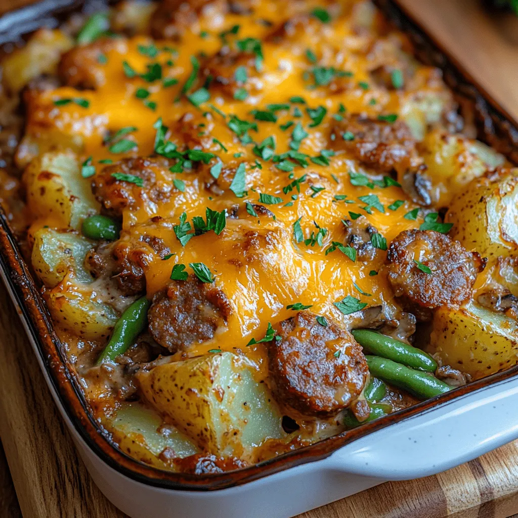 <strong>Italian Sausage</strong>: The star of this casserole is undoubtedly the Italian sausage. It provides a depth of flavor and richness that is hard to replicate. The seasoning in the sausage, including fennel and garlic, adds a savory note that complements the other ingredients perfectly. Using a good-quality sausage can elevate the entire dish, making it more than just a simple casserole.” /></p>
</p>
<h3>Combining the Ingredients</h3>
</p>
<p>Once all your ingredients are prepared, it’s time to bring them together into a harmonious mixture that will form the heart of your Savory Sausage Green Bean Potato Casserole. To ensure even distribution, start by placing the cooked sausage in a large mixing bowl. Next, add the green beans, diced potatoes, and any seasonings you’ve chosen. It’s crucial to mix these ingredients thoroughly, allowing the flavors to meld and ensuring that every bite captures the essence of the dish.</p>
</p>
<p><strong>Best Practices for Mixing Ingredients</strong></p>
<p>When mixing, consider using a spatula or large wooden spoon. These tools allow for gentle folding, which helps maintain the integrity of the potatoes and green beans without mashing them. Start by incorporating the sausage with the vegetables, followed by the addition of your chosen cream soup. This not only adds moisture but also binds the ingredients together.</p>
</p>
<p><strong>Importance of Seasoning at This Stage</strong></p>
<p>Seasoning is a critical step in building flavor. Consider adding salt, pepper, garlic powder, and onion powder to enhance the overall taste. Remember, it’s easier to add more seasoning later than to try to fix an under-seasoned dish, so taste as you go. If you prefer a bit of heat, you could also consider adding a pinch of red pepper flakes.</p>
</p>
<h3>Baking the Casserole</h3>
</p>
<h4>Transferring to the Baking Dish</h4>
</p>
<p>After ensuring your mixture is well combined and seasoned, it’s time to transfer it to the baking dish. A standard 9×13 inch casserole dish works perfectly for this recipe.</p>
</p>
<p><strong>Instructions on Greasing and Preparing the Casserole Dish</strong></p>
<p>Start by preheating your oven to 350°F (175°C). While the oven is heating, grease the casserole dish with a light coating of cooking spray or a thin layer of butter. This preparation step is essential as it prevents sticking and makes for easier cleanup.</p>
</p>
<p><strong>Importance of Spreading the Mixture Evenly for Even Cooking</strong></p>
<p>Once the dish is greased, pour the sausage and vegetable mixture into the dish. Use your spatula to spread it out evenly, ensuring that the potatoes and green beans are distributed uniformly throughout the casserole. This helps with even cooking, allowing all components to reach the same temperature and cook through properly.</p>
</p>
<h4>Creating the Cheese Topping</h4>
</p>
<p>A casserole isn’t complete without a deliciously cheesy topping. The right cheese can elevate the dish, adding richness and flavor.</p>
</p>
<p><strong>Discuss the Choice of Cheese and Alternatives for Topping</strong></p>
<p>For this recipe, shredded sharp cheddar cheese is the go-to choice due to its robust flavor and great melting properties. However, feel free to experiment with other cheeses such as mozzarella for a milder taste, or pepper jack for a bit of spice. If you want a lower-fat option, consider using part-skim mozzarella or a dairy-free cheese alternative suitable for melting.</p>
</p>
<p><strong>Tips on How to Evenly Distribute Cheese for Maximum Meltiness</strong></p>
<p>Sprinkle the cheese evenly over the top of the casserole. For maximum meltiness and browning, use a generous layer; about 1-2 cups should do the trick. You can also add a sprinkle of paprika or Italian seasoning over the cheese for added flavor and color.</p>
</p>
<h4>Baking Techniques</h4>
</p>
<p>With your casserole assembled, it’s time to bake.</p>
</p>
<p><strong>Covering the Casserole with Foil: Why It’s Essential for the First Baking Phase</strong></p>
<p>Cover the dish tightly with aluminum foil before placing it in the oven. This step is essential for the first 30 minutes of baking, as it helps trap steam, allowing the potatoes to cook through without drying out. The steam created under the foil will ensure that the casserole remains moist and tender.</p>
</p>
<p><strong>Signs That Indicate the Casserole is Ready to Remove the Foil</strong></p>
<p>After about 30 minutes, carefully remove the foil. The casserole should be bubbling, and the potatoes should be tender when pierced with a fork. At this stage, you can return the casserole to the oven, uncovered, for an additional 15-20 minutes, or until the cheese is melted and bubbly, and the top has a golden-brown color.</p>
</p>
<h3>Serving Suggestions</h3>
</p>
<p>Once your casserole is out of the oven and resting for a few minutes, it’s time to think about presentation and serving.</p>
</p>
<h4>Garnishing for Presentation</h4>
</p>
<p>Garnishing is not just for aesthetics; it enhances flavor and adds a fresh element to your dish. A sprinkle of freshly chopped parsley over the top of the casserole adds a pop of color and a hint of freshness that balances the richness of the cheese and sausage.</p>
</p>
<p><strong>Ideas for Side Dishes That Pair Well with the Casserole</strong></p>
<p>This casserole is hearty enough to stand alone, but pairing it with a light side salad or crusty bread can make for a well-rounded meal. A simple mixed green salad with a vinaigrette dressing complements the richness of the casserole, while garlic bread or dinner rolls provide a comforting addition.</p>
</p>
<h4>Portioning and Storage</h4>
</p>
<p>When it comes to serving, let the casserole cool for about 10 minutes before cutting. This resting period allows the layers to set, making it easier to portion out. Use a sharp knife or spatula to cut even squares, ensuring everyone gets an equal share.</p>
</p>
<p><strong>Best Practices for Storing Leftovers and Reheating</strong></p>
<p>If you have leftovers (which is likely, given this filling dish), allow the casserole to cool completely before transferring it to an airtight container. Properly stored, it can last in the refrigerator for up to four days. For reheating, simply place it in the microwave or oven until heated through, adding a splash of milk or broth if it appears dry.</p>
</p>
<h3>Nutritional Information</h3>
</p>
<p>Understanding the nutritional value of your meals can help you make informed choices.</p>
</p>
<h4>Caloric Breakdown</h4>
</p>
<p>This Savory Sausage Green Bean Potato Casserole provides a hearty serving of protein, fiber, and essential vitamins. The inclusion of green beans adds antioxidants and vitamins A and C, while potatoes provide essential carbohydrates and potassium. Depending on the specific ingredients used, a serving typically ranges from 400-600 calories.</p>
</p>
<p><strong>Overview of the Nutritional Benefits of the Dish</strong></p>
<p>The combination of sausage, potatoes, and green beans creates a balanced meal that can sustain energy levels throughout the day. The protein from the sausage helps in muscle repair and growth, while the vegetables contribute to overall health and well-being.</p>
</p>
<p><strong>Potential Modifications to Make It Healthier</strong></p>
<p>For those looking to lighten the dish, consider using turkey sausage or a plant-based sausage alternative. You can also reduce the amount of cheese or opt for lower-fat varieties to cut down on calories and saturated fat. Using a homemade cream sauce instead of canned soup can also eliminate additives while enhancing flavor.</p>
</p>
<h3>Conclusion</h3>
</p>
<p>In conclusion, the Savory Sausage Green Bean Potato Casserole is a hearty, comforting dish that is easy to prepare and satisfying to eat. This recipe brings together simple ingredients to create a meal that warms the heart and delights the palate. Whether you’re cooking for a family dinner or preparing a dish for a gathering, this casserole is sure to become a beloved favorite. Embrace the joy of cooking and share this delicious experience with your loved ones. The combination of flavors, textures, and the ease of preparation makes this casserole not just a meal but a cherished tradition in any kitchen. Enjoy your culinary creation!</p>
</div>