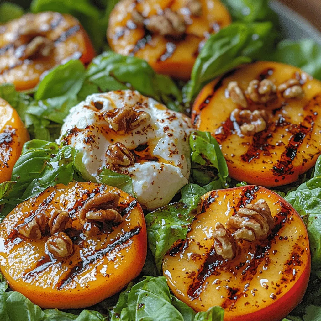At first glance, the Grilled Peach and Burrata Salad presents a stunning visual feast, but it’s the flavor profile that truly enchants. Imagine sinking your teeth into warm, caramelized peach slices that burst with sweetness, perfectly offset by the rich creaminess of burrata. This salad is a symphony of flavors: the sweetness of the peaches dances alongside the nutty crunch of walnuts, while the fresh greens provide a crisp contrast. A drizzle of balsamic glaze adds a tangy depth that rounds out the experience beautifully.