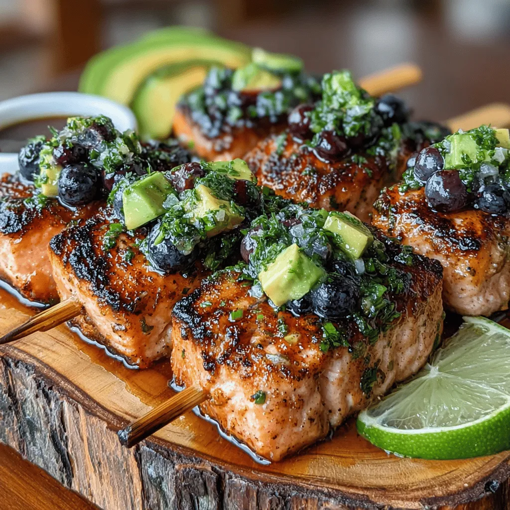 If you're looking for a dish that combines the richness of grilled salmon with the vibrant sweetness of fresh blueberries, then Grilled Salmon Skewers with Zesty Blueberry Salsa is the perfect recipe for you. This delightful combination not only offers an explosion of flavors, but it also presents an attractive dish that is sure to impress your guests at summer gatherings, dinner parties, or family meals. The juicy salmon skewers, paired with a refreshing salsa, create a unique culinary experience that highlights the best of seasonal ingredients.