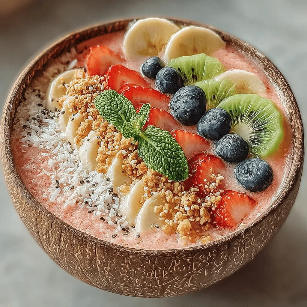 <strong>Nutritional Profile of Watermelon</strong> Watermelon is not just a summertime favorite; it’s also a nutritional powerhouse. Composed of over 90% water, this juicy fruit is low in calories and high in vitamins A and C, which support skin health and immunity. Additionally, watermelon contains antioxidants like lycopene, which may help reduce the risk of certain chronic diseases. Its hydrating properties make it a perfect base for any smoothie bowl, helping to keep you refreshed and energized throughout the day.” /></p>
</p>
<h2>Blending Process: Achieving the Right Consistency and Flavor</h2>
</p>
<p>To create the perfect Watermelon Bliss Smoothie Bowl, mastering the blending process is crucial. Start by adding your key ingredients into the blender: fresh watermelon cubes, coconut yogurt, banana slices, and a splash of coconut water. Blend on a low setting to break down the fruits, then gradually increase to medium speed. The goal is to achieve a smooth, creamy texture without over-blending, which can lead to a watery consistency.</p>
</p>
<p>For the best results, keep an eye on the texture as you blend. If your smoothie is too thick, add more coconut water, a tablespoon at a time, until you reach your desired consistency. Conversely, if it is too runny, you can thicken it by adding more frozen banana or a handful of ice cubes. The balance of flavors is also essential; if you prefer a sweeter smoothie, add a drizzle of honey or maple syrup, blending until fully incorporated.</p>
</p>
<h2>Tips for Adjusting Sweetness and Texture During Blending</h2>
</p>
<p>When it comes to perfecting the flavor of your Watermelon Bliss Smoothie Bowl, small adjustments can make a big difference. Here are some tips for achieving the ideal sweetness and texture:</p>
</p>
<p>1. <strong>Taste Test</strong>: Always taste your smoothie before pouring it into bowls. This allows you to adjust the sweetness or flavor to your liking.</p>
</p>
<p>2. <strong>Sweetness Adjustments</strong>: If you find your smoothie isn’t sweet enough, consider adding natural sweeteners like agave nectar, a Medjool date, or even a few pieces of ripe mango. Blend again until smooth.</p>
</p>
<p>3. <strong>Texture Tweaks</strong>: For a creamier texture, consider adding a tablespoon of nut butter or a scoop of protein powder. These not only enhance the smoothness but also increase the nutritional value.</p>
</p>
<p>4. <strong>Chill Factor</strong>: If you want an extra refreshing smoothie bowl, use frozen watermelon chunks instead of fresh ones. This will create a thicker, colder smoothie that feels like a treat on a hot day.</p>
</p>
<h2>Assembling Your Watermelon Bliss Smoothie Bowl</h2>
</p>
<p>Once you have your smoothie blended to perfection, it’s time to assemble your Watermelon Bliss Smoothie Bowl. Pour the blended mixture into a bowl, allowing it to sit for a moment to settle. The key to a beautiful smoothie bowl lies in the pouring and smoothing technique.</p>
</p>
<h3>Techniques for Pouring and Smoothing the Smoothie in Bowls</h3>
</p>
<p>When pouring the smoothie into a bowl, aim for the center and allow it to spread naturally to the edges. Use a spatula to gently smooth the top for an even surface. This creates a perfect canvas for your toppings, ensuring each ingredient stands out visually.</p>
</p>
<h3>Creative Ideas for Topping Combinations: Fruits, Granola, and Nuts</h3>
</p>
<p>Now comes the fun part — the toppings. Here are some creative combinations to consider:</p>
</p>
<p>– <strong>Fruits</strong>: Fresh berries, sliced kiwi, banana wheels, or mango chunks complement the watermelon beautifully. Their vibrant colors will make your bowl visually appealing.</p>
<p>– <strong>Granola</strong>: A sprinkle of your favorite granola adds a delightful crunch. Choose one that’s packed with nuts and seeds for added texture and nutrition.</p>
<p>– <strong>Nuts and Seeds</strong>: Chopped almonds, walnuts, or chia seeds not only provide crunch but also boost the protein content, making your smoothie bowl more filling.</p>
</p>
<h3>Importance of Presentation: Making it Visually Appealing with Garnishes</h3>
</p>
<p>Presentation is key when it comes to smoothie bowls. Take your time to arrange the toppings artfully. Use a small spoon or chopsticks to place fruits in a fan shape or create a pattern with granola and nuts. Consider adding edible flowers or a drizzle of coconut cream for an elegant touch. The more visually appealing your smoothie bowl, the more inviting it will be, encouraging you to enjoy every last spoonful.</p>
</p>
<h2>Topping Ideas to Elevate Your Smoothie Bowl</h2>
</p>
<p>Choosing the right toppings can elevate your Watermelon Bliss Smoothie Bowl from simple to sensational. Here are some suggestions:</p>
</p>
<h3>Suggestions for Seasonal Fruits That Pair Well with Watermelon</h3>
</p>
<p>Watermelon is versatile and pairs well with many seasonal fruits. Look for fruits that are at their peak ripeness for the best flavor:</p>
</p>
<p>– <strong>Berries</strong>: Strawberries, blueberries, and raspberries add a burst of color and tanginess.</p>
<p>– <strong>Stone Fruits</strong>: Peaches and nectarines lend a sweet, juicy contrast.</p>
<p>– <strong>Tropical Fruits</strong>: Pineapple and passion fruit introduce a tropical flair.</p>
</p>
<h3>Nutritional Benefits of Different Toppings: Berries, Nuts, and Seeds</h3>
</p>
<p>Not only do toppings enhance the flavor and texture of your smoothie bowl, but they also contribute valuable nutrients:</p>
</p>
<p>– <strong>Berries</strong>: Packed with antioxidants, they support heart health and may improve brain function.</p>
<p>– <strong>Nuts</strong>: Rich in healthy fats, protein, and fiber, nuts help keep you satiated.</p>
<p>– <strong>Seeds</strong>: Flaxseeds and chia seeds are excellent sources of omega-3 fatty acids, promoting skin health and digestion.</p>
</p>
<h3>How to Mix and Match Toppings for Variety</h3>
</p>
<p>Experimenting with toppings allows you to customize your smoothie bowl. Consider creating a “topping bar” with various fruits, nuts, and seeds, encouraging family or friends to build their own creations. This not only makes for a fun, interactive meal but also keeps your smoothie bowls exciting and fresh with every serving.</p>
</p>
<h2>The Perfect Occasion for Your Watermelon Bliss Smoothie Bowl</h2>
</p>
<p>The Watermelon Bliss Smoothie Bowl is incredibly versatile, making it suitable for a variety of occasions.</p>
</p>
<h3>Ideal Times to Enjoy This Refreshing Bowl: Breakfast, Snack, or Dessert</h3>
</p>
<p>– <strong>Breakfast</strong>: Start your day with a nutrient-packed smoothie bowl that energizes you for the day ahead.</p>
<p>– <strong>Snack</strong>: Enjoy it as a mid-afternoon pick-me-up, providing hydration and natural sweetness.</p>
<p>– <strong>Dessert</strong>: Serve it as a light dessert option, proving that healthy can also be deliciously indulgent.</p>
</p>
<h3>How It Fits Into a Healthy Diet and Lifestyle</h3>
</p>
<p>This smoothie bowl is not only refreshing but also aligns well with a healthy lifestyle. It’s low in calories, rich in vitamins, and can be made dairy-free. The combination of fruits and healthy fats keeps you full while satisfying your sweet tooth.</p>
</p>
<h3>Suggestions for Serving at Gatherings or Meal Prep Ideas</h3>
</p>
<p>Consider preparing several smoothie bowls for gatherings, allowing guests to personalize their toppings. For meal prep, blend several batches and store them in airtight containers in the fridge for quick, healthy breakfasts throughout the week. Just remember to add the toppings fresh to maintain their texture and flavor.</p>
</p>
<h2>Conclusion</h2>
</p>
<p>The Watermelon Bliss Smoothie Bowl is a refreshing, nutritious option that can easily fit into your daily meals. Its vibrant colors and delicious flavors make it not only a feast for the taste buds but also a feast for the eyes. With its adaptability, you can experiment with different fruits, toppings, and blends to create a bowl that perfectly suits your preferences.</p>
</p>
<p>Encourage yourself to get creative with this recipe, personalizing it with your favorite flavors and textures. By incorporating smoothie bowls into your diet, you’re not just enjoying a delicious treat; you’re also embracing a healthier lifestyle that prioritizes fresh ingredients and balanced nutrition. So grab your blender, gather your toppings, and dive into the delightful world of smoothie bowls — your taste buds and body will thank you.</p>
</div>