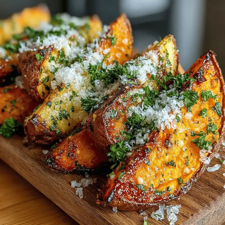 Garlic Parmesan Sweet Potato Wedges are a delightful fusion of taste and nutrition, making them a popular choice for health-conscious diners and food enthusiasts alike. This dish elevates the humble sweet potato, transforming it into a crispy, golden-brown snack or side dish that tantalizes the taste buds with a savory combination of garlic and rich Parmesan cheese. Whether served alongside a main course, as an appetizer at a gathering, or simply enjoyed on their own, these sweet potato wedges are sure to impress.