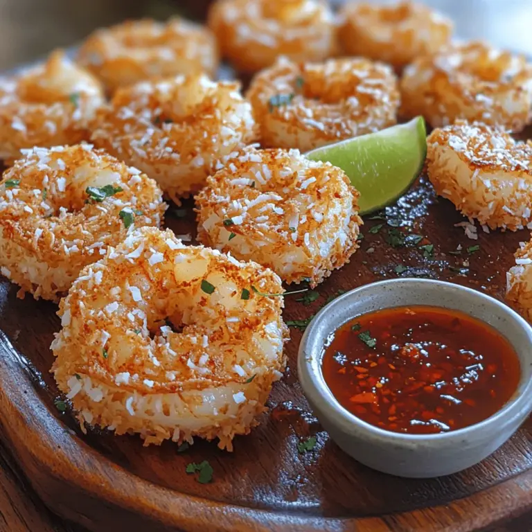 Golden Coconut Shrimp with Chili Honey Dip is an enticing dish that perfectly marries the crispiness of fried shrimp with the tropical sweetness of coconut. This recipe serves as an exquisite appetizer or a crowd-pleasing party snack, making it a favorite at gatherings and festive occasions. The allure of this dish lies not only in its golden-brown appearance but also in the delightful interplay of flavors—succulent shrimp enveloped in a crispy coconut crust, paired with a spicy-sweet dip that tantalizes the taste buds.