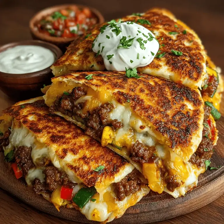 Sizzling Savory Beef and Vegetable Quesadillas are a delightful fusion of flavors, perfect for a quick weeknight dinner or a weekend gathering. This recipe brings together ground beef, vibrant vegetables, and gooey cheese encased in golden crisp tortillas. Not only are these quesadillas easy to prepare, but they also boast a satisfying blend of textures and tastes that will appeal to the whole family. In this article, we’ll explore the ingredients, preparation steps, and tips to help you create the ultimate quesadilla experience.