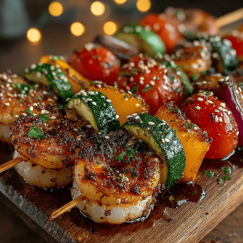 - 1 pound large shrimp, peeled and deveined - 1 red bell pepper, cut into chunks - 1 yellow bell pepper, cut into chunks - 1 medium zucchini, sliced into rounds - 1 cup cherry tomatoes - 1 small red onion, cut into wedges - 1/2 cup teriyaki sauce (store-bought or homemade) - 2 tablespoons olive oil - Sesame seeds (for garnish, optional) - Salt and pepper to taste