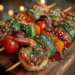 - 1 pound large shrimp, peeled and deveined - 1 red bell pepper, cut into chunks - 1 yellow bell pepper, cut into chunks - 1 medium zucchini, sliced into rounds - 1 cup cherry tomatoes - 1 small red onion, cut into wedges - 1/2 cup teriyaki sauce (store-bought or homemade) - 2 tablespoons olive oil - Sesame seeds (for garnish, optional) - Salt and pepper to taste