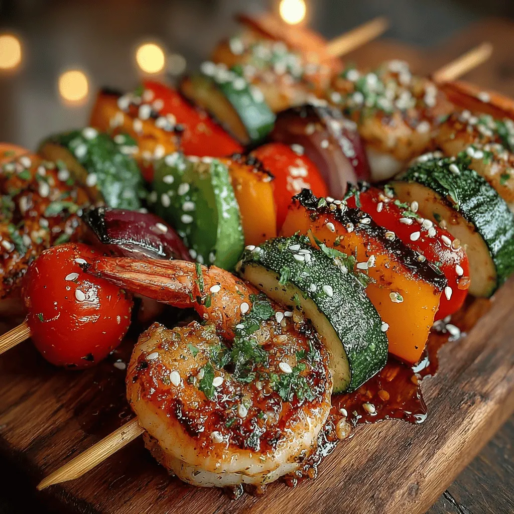 - 1 pound large shrimp, peeled and deveined - 1 red bell pepper, cut into chunks - 1 yellow bell pepper, cut into chunks - 1 medium zucchini, sliced into rounds - 1 cup cherry tomatoes - 1 small red onion, cut into wedges - 1/2 cup teriyaki sauce (store-bought or homemade) - 2 tablespoons olive oil - Sesame seeds (for garnish, optional) - Salt and pepper to taste