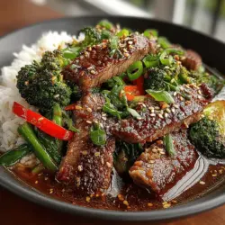 - 1 pound flank steak, sliced thinly against the grain - 2 cups broccoli florets - 1 red bell pepper, sliced - 3 cloves garlic, minced - 1 tablespoon fresh ginger, minced - 1/4 cup soy sauce - 2 tablespoons oyster sauce - 1 tablespoon cornstarch - 2 tablespoons vegetable oil - Cooked jasmine or brown rice, for serving