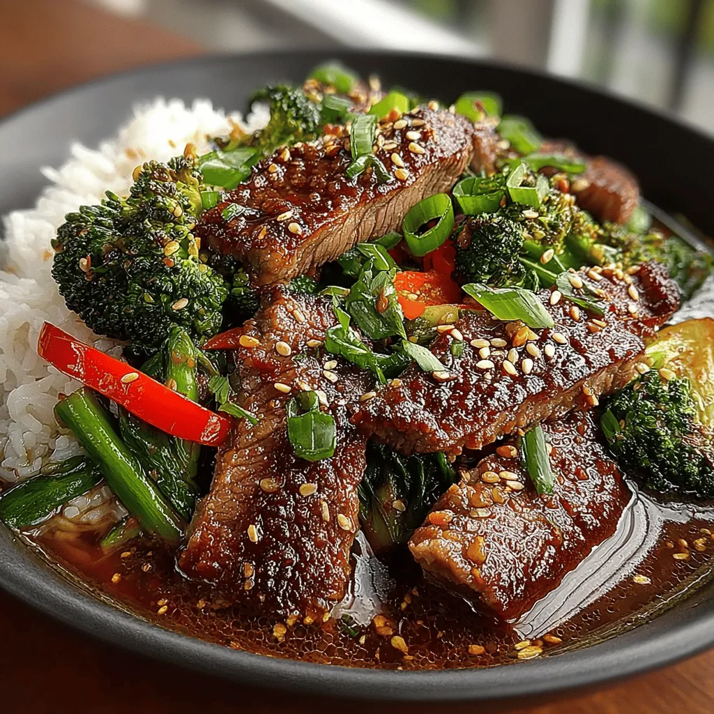 - 1 pound flank steak, sliced thinly against the grain - 2 cups broccoli florets - 1 red bell pepper, sliced - 3 cloves garlic, minced - 1 tablespoon fresh ginger, minced - 1/4 cup soy sauce - 2 tablespoons oyster sauce - 1 tablespoon cornstarch - 2 tablespoons vegetable oil - Cooked jasmine or brown rice, for serving