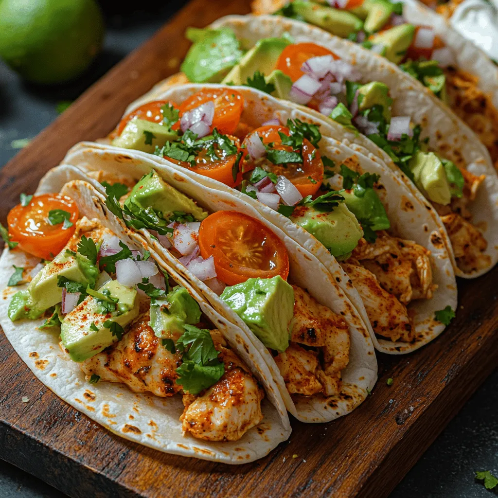 - 1.5 pounds boneless, skinless chicken thighs - 2 tablespoons olive oil - 1 teaspoon chili powder - 1 teaspoon smoked paprika - 1 teaspoon cumin - 1 teaspoon garlic powder - 1 teaspoon onion powder - Salt and pepper, to taste - 8 small corn or flour tortillas - 1 avocado, sliced - 1 cup cherry tomatoes, halved - 1/2 red onion, thinly sliced - 1 cup shredded lettuce - Fresh cilantro, for garnish - Lime wedges, for serving