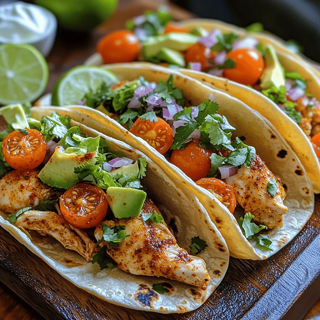 - 1.5 pounds boneless, skinless chicken thighs - 2 tablespoons olive oil - 1 teaspoon chili powder - 1 teaspoon smoked paprika - 1 teaspoon cumin - 1 teaspoon garlic powder - 1 teaspoon onion powder - Salt and pepper, to taste - 8 small corn or flour tortillas - 1 avocado, sliced - 1 cup cherry tomatoes, halved - 1/2 red onion, thinly sliced - 1 cup shredded lettuce - Fresh cilantro, for garnish - Lime wedges, for serving
