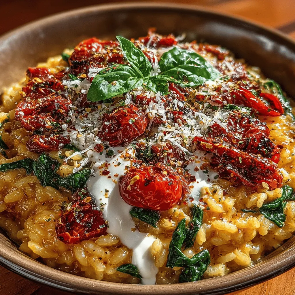 - 1 cup Arborio rice - 4 cups vegetable broth (preferably warm) - 1 cup fresh tomatoes, diced - ½ cup heavy cream - 1 cup fresh spinach, chopped - ½ cup grated Parmesan cheese - 1 medium onion, finely chopped - 3 cloves garlic, minced - 2 tablespoons olive oil - ½ cup fresh basil, chopped - Salt and pepper to taste