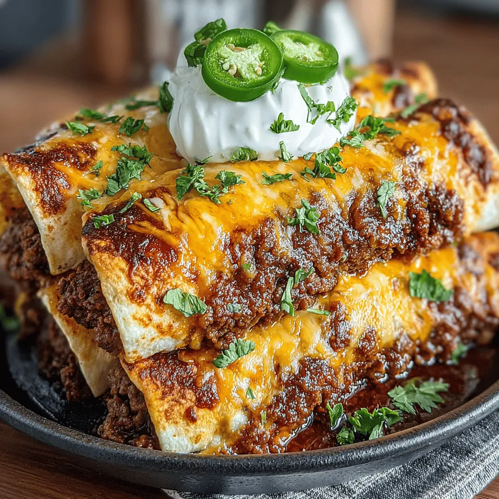 - 1 pound ground beef - 1 can (15 oz) black beans, drained and rinsed - 1 can (10 oz) enchilada sauce - 1 cup shredded cheddar cheese - 1 cup shredded Monterey Jack cheese - 8 corn tortillas - 1 small onion, diced - 2 cloves garlic, minced - 1 tablespoon olive oil - 1 teaspoon cumin - 1 teaspoon chili powder - Salt and pepper to taste - Optional: sliced jalapeños for heat - Optional: fresh cilantro for garnish