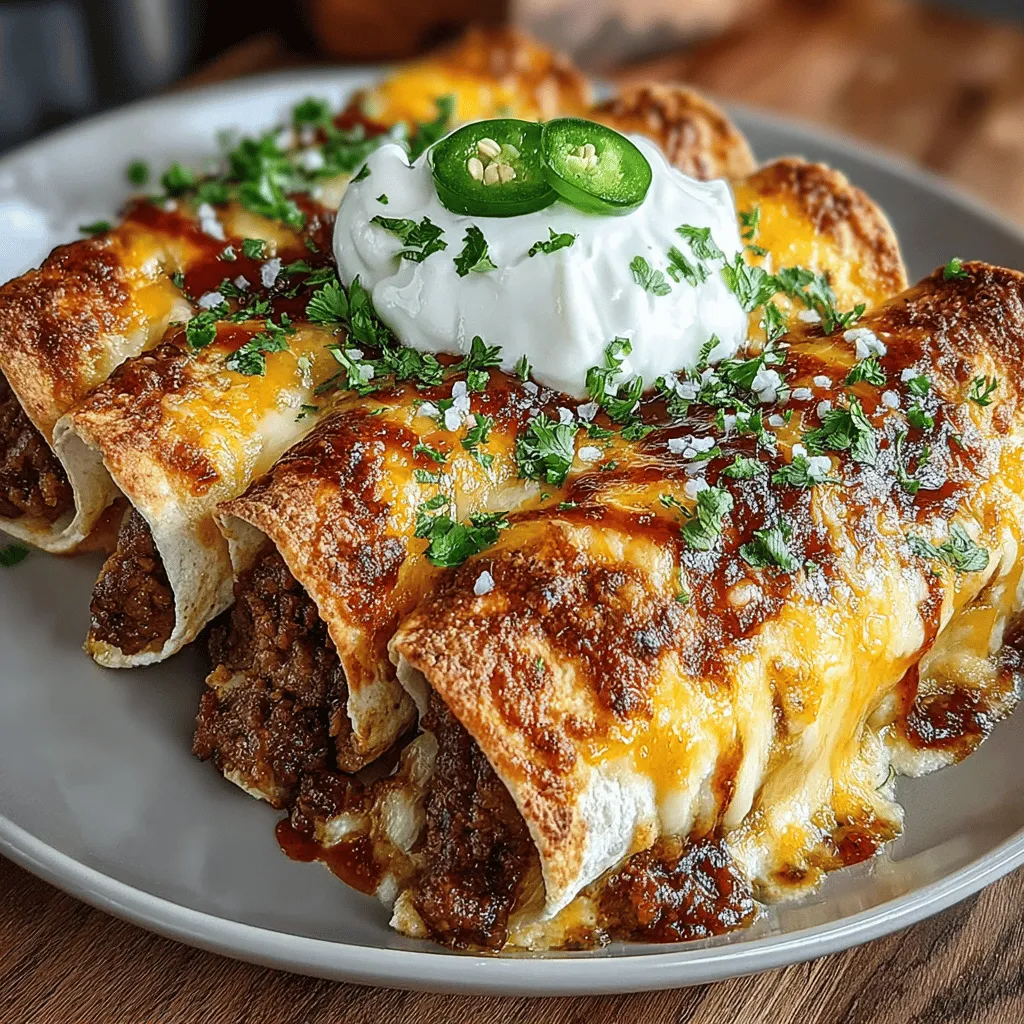 - 1 pound ground beef - 1 can (15 oz) black beans, drained and rinsed - 1 can (10 oz) enchilada sauce - 1 cup shredded cheddar cheese - 1 cup shredded Monterey Jack cheese - 8 corn tortillas - 1 small onion, diced - 2 cloves garlic, minced - 1 tablespoon olive oil - 1 teaspoon cumin - 1 teaspoon chili powder - Salt and pepper to taste - Optional: sliced jalapeños for heat - Optional: fresh cilantro for garnish