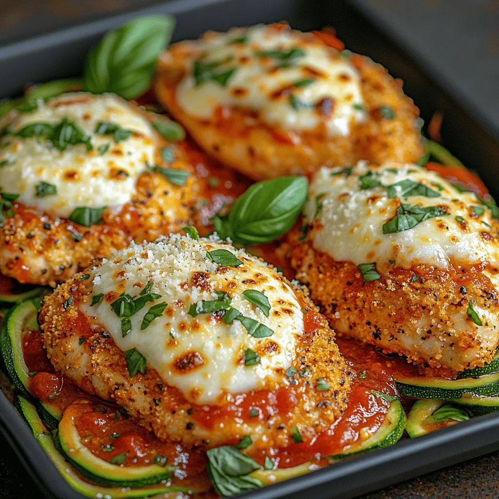 - 4 boneless, skinless chicken breasts - 1 cup panko breadcrumbs - 1/2 cup grated Parmesan cheese - 1 cup shredded mozzarella cheese - 2 large eggs - 1/2 cup all-purpose flour - 1 teaspoon garlic powder - 1 teaspoon onion powder - 1 teaspoon dried oregano - 1 teaspoon dried basil - Salt and pepper to taste - 2 cups marinara sauce (homemade or store-bought) - 4 medium zucchinis, spiralized - Olive oil for drizzling - Fresh basil for garnish (optional)