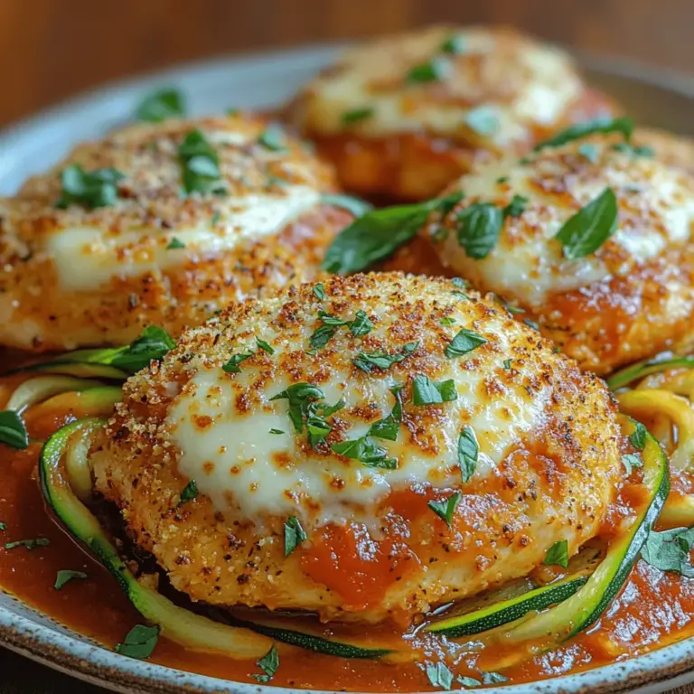 - 4 boneless, skinless chicken breasts - 1 cup panko breadcrumbs - 1/2 cup grated Parmesan cheese - 1 cup shredded mozzarella cheese - 2 large eggs - 1/2 cup all-purpose flour - 1 teaspoon garlic powder - 1 teaspoon onion powder - 1 teaspoon dried oregano - 1 teaspoon dried basil - Salt and pepper to taste - 2 cups marinara sauce (homemade or store-bought) - 4 medium zucchinis, spiralized - Olive oil for drizzling - Fresh basil for garnish (optional)