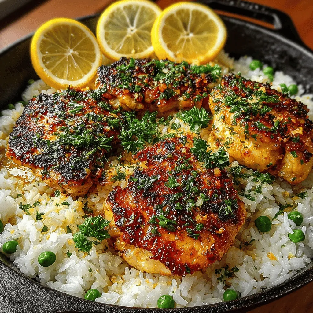 - 4 boneless, skinless chicken breasts - 1 cup long-grain white rice - 2 cups low-sodium chicken broth - 1 medium onion, diced - 3 cloves garlic, minced - 1 teaspoon dried oregano - 1 teaspoon dried thyme - 1 teaspoon paprika - Juice and zest of 1 lemon - 1 cup frozen green peas - Salt and pepper, to taste - 2 tablespoons olive oil - Fresh parsley, chopped (for garnish)