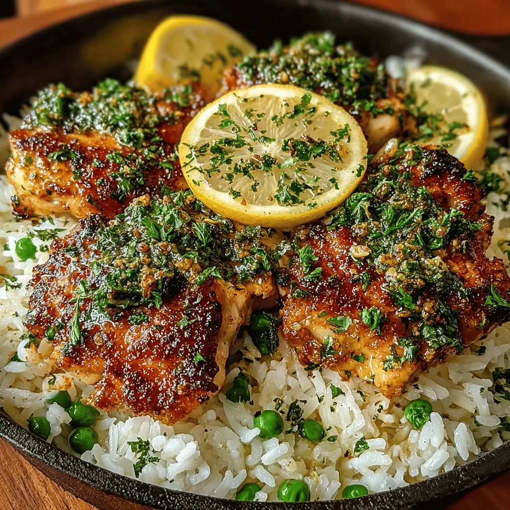 - 4 boneless, skinless chicken breasts - 1 cup long-grain white rice - 2 cups low-sodium chicken broth - 1 medium onion, diced - 3 cloves garlic, minced - 1 teaspoon dried oregano - 1 teaspoon dried thyme - 1 teaspoon paprika - Juice and zest of 1 lemon - 1 cup frozen green peas - Salt and pepper, to taste - 2 tablespoons olive oil - Fresh parsley, chopped (for garnish)