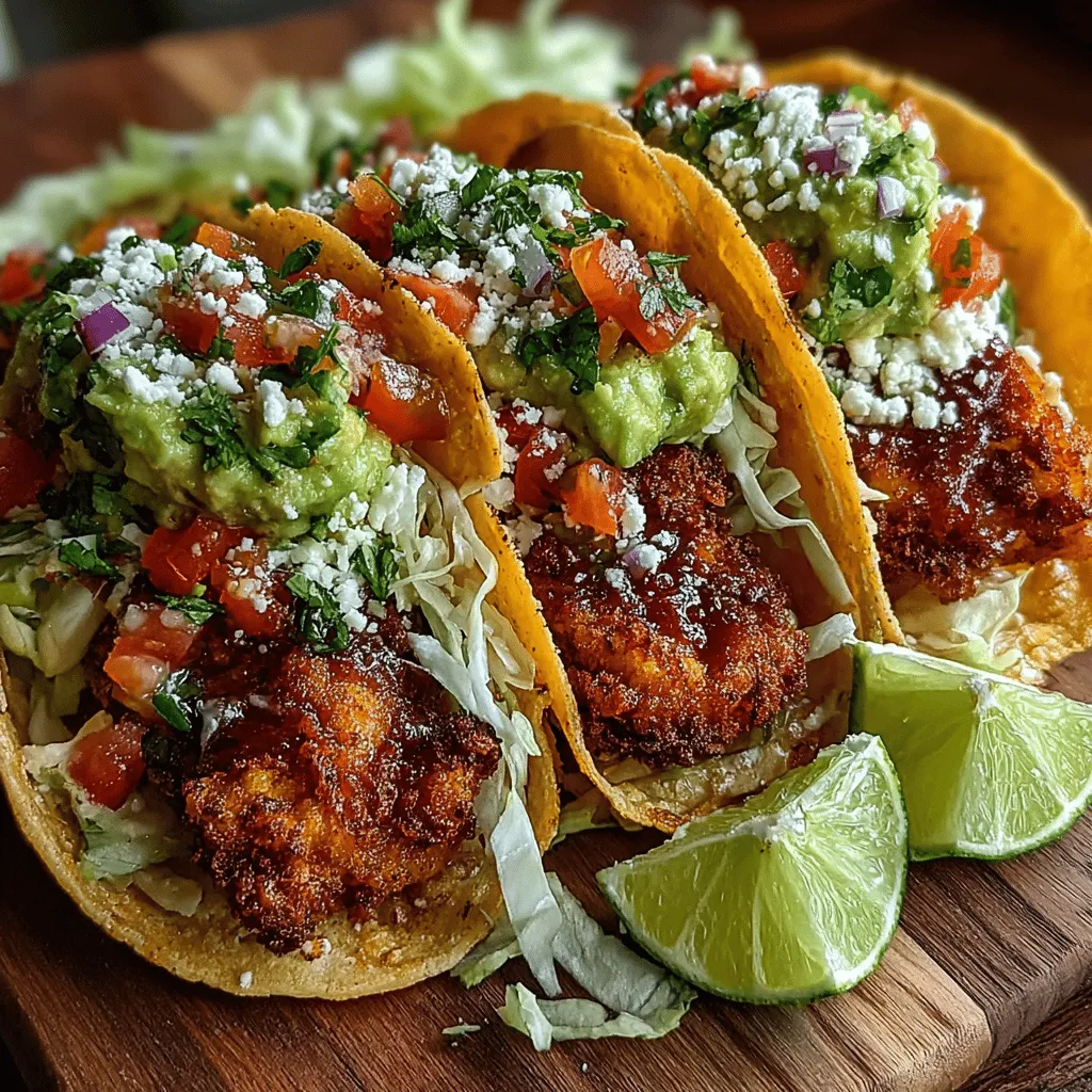 Delve into the world of vibrant flavors and textures with our Crunchy Fiesta Chicken Tacos. These tacos are not just another weeknight dinner; they are a festive celebration of taste that brings a delightful twist to your table. Imagine crispy fried chicken nestled within soft taco shells, topped with a refreshing avocado salsa that adds a burst of color and flavor. This recipe perfectly balances spice and freshness, making it a crowd-pleaser that's easy to prepare, whether you're hosting a lively gathering or simply enjoying a cozy family meal.